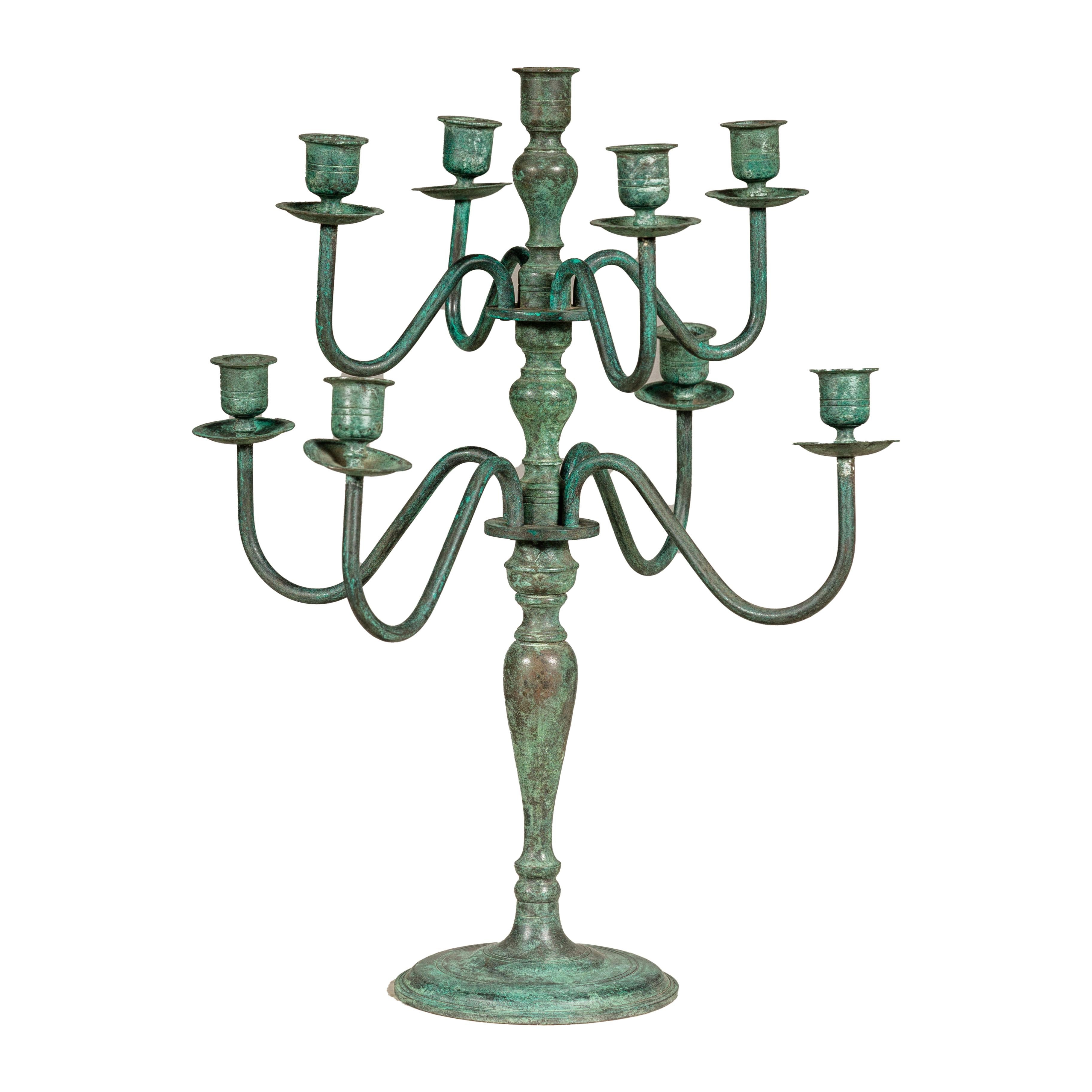 Japanese Vintage Two-Tiered Eight Arm Candelabra with Verdigris Patina For Sale 5