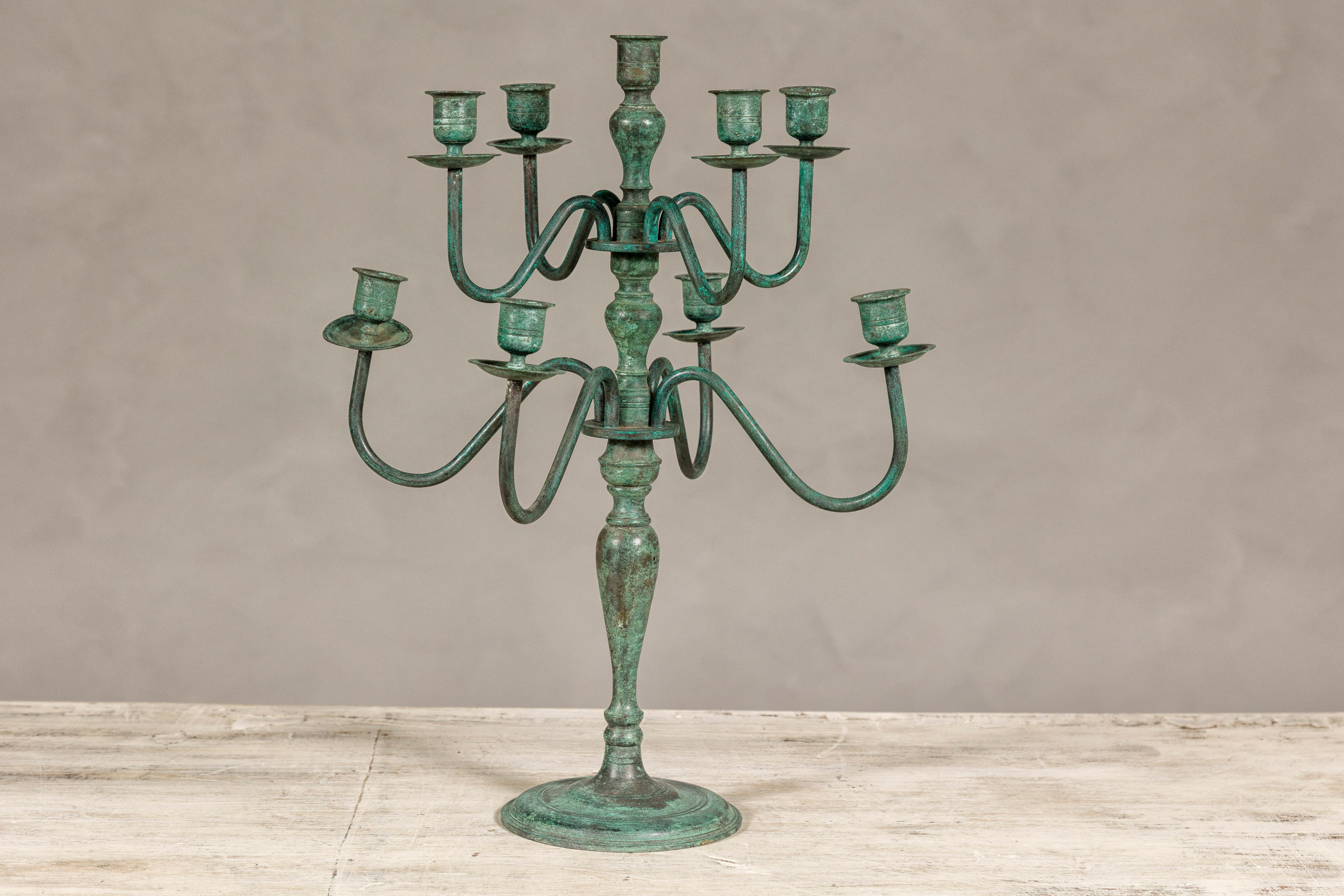 Patinated Japanese Vintage Two-Tiered Eight Arm Candelabra with Verdigris Patina For Sale