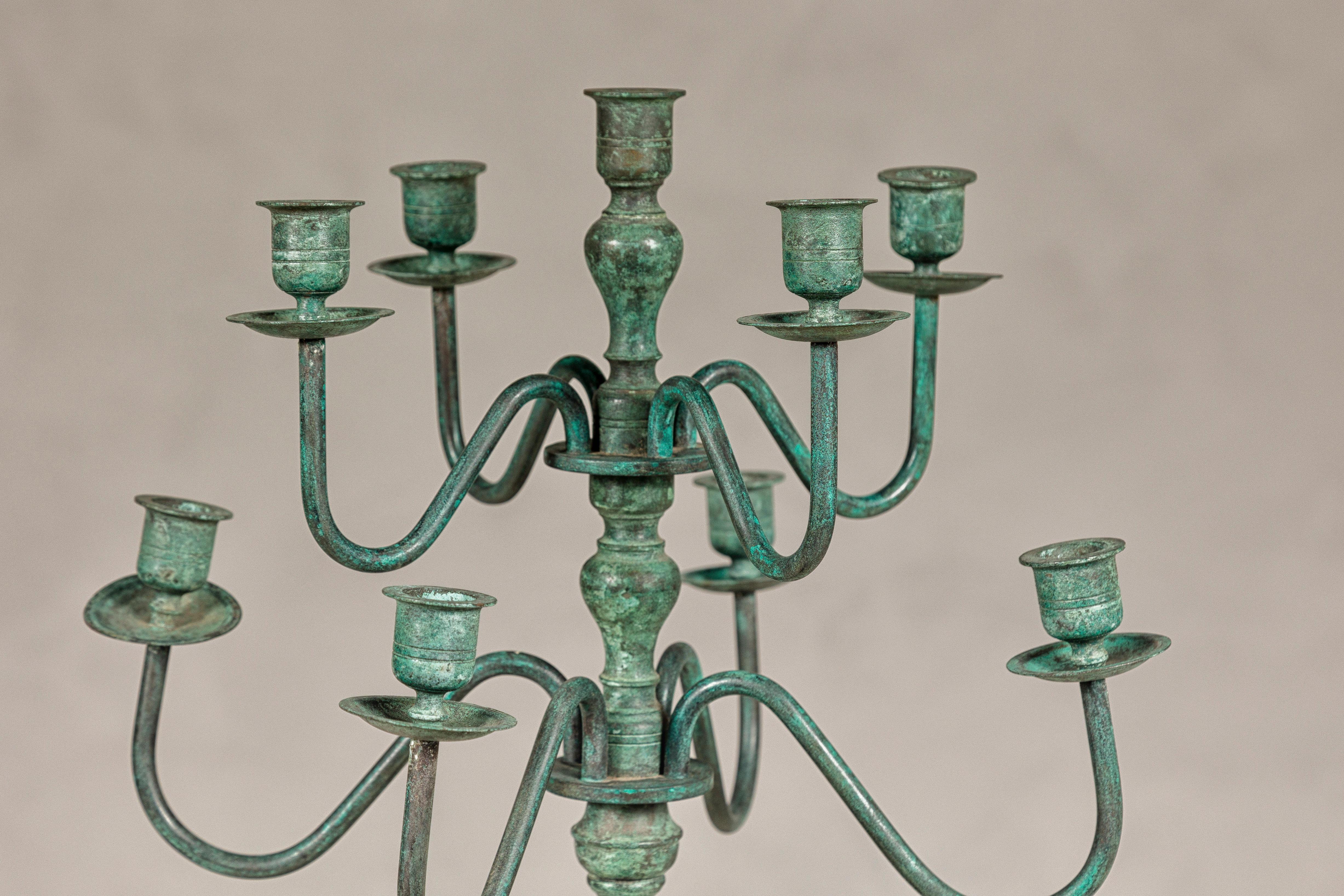 Japanese Vintage Two-Tiered Eight Arm Candelabra with Verdigris Patina In Good Condition For Sale In Yonkers, NY