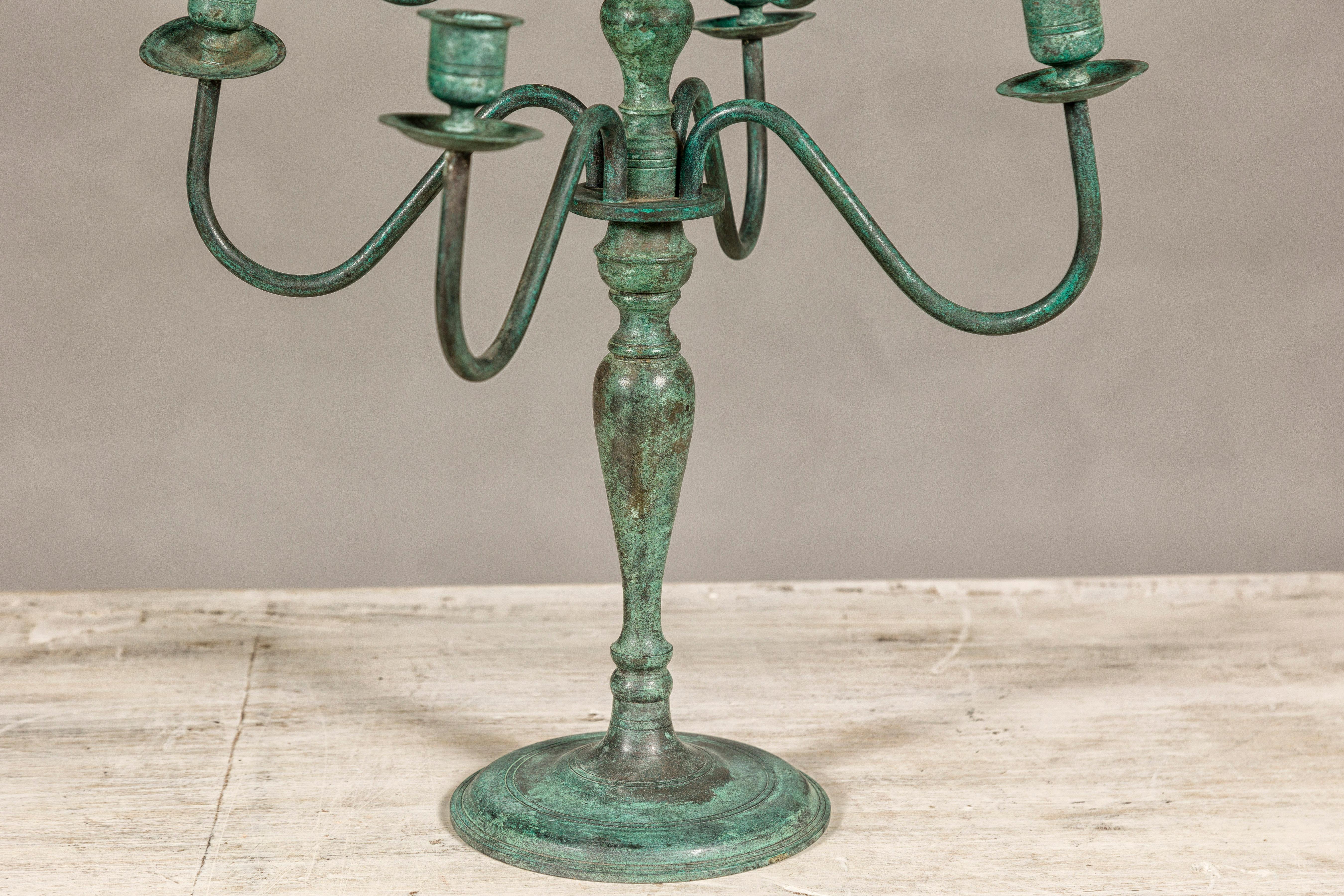 20th Century Japanese Vintage Two-Tiered Eight Arm Candelabra with Verdigris Patina For Sale