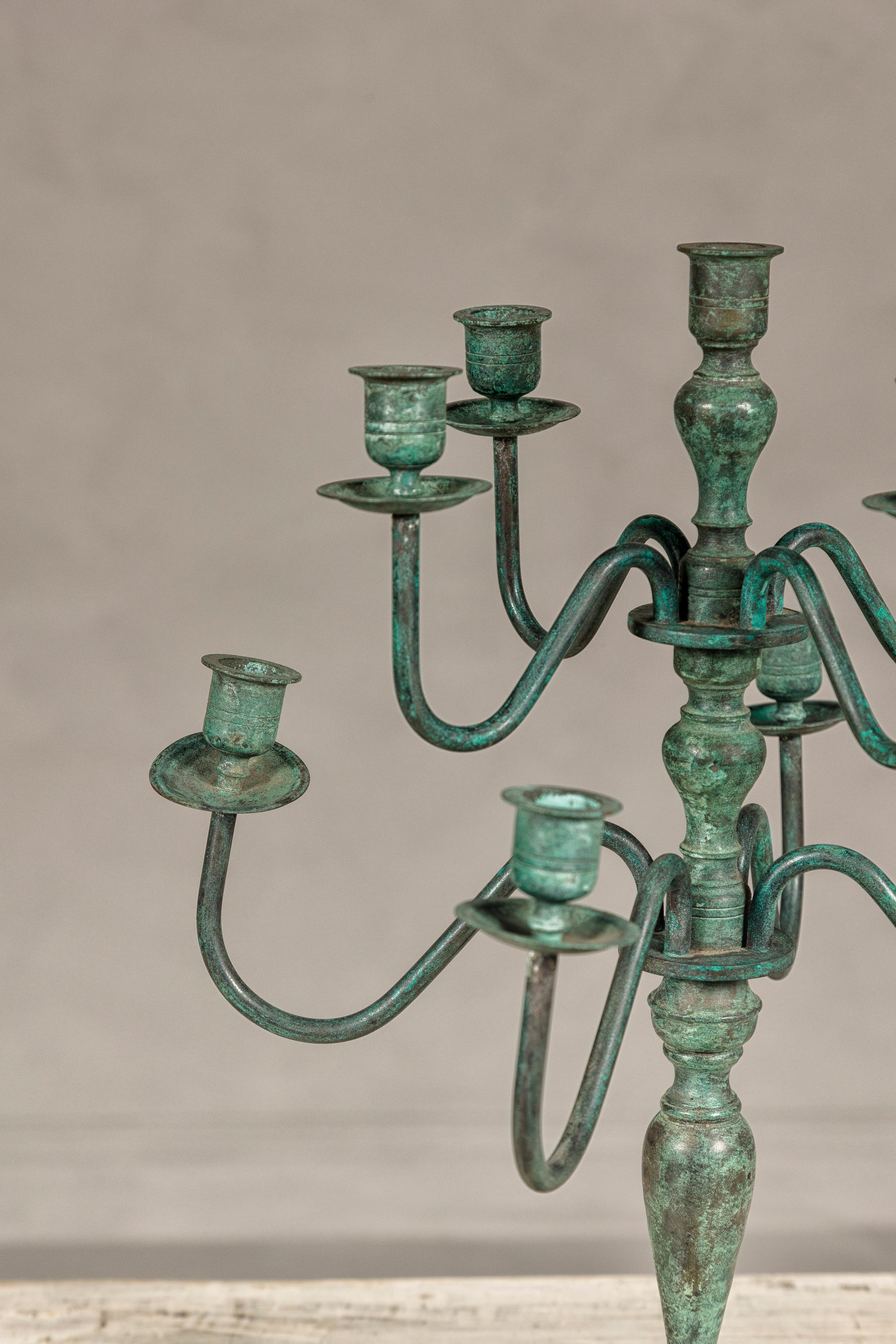Metal Japanese Vintage Two-Tiered Eight Arm Candelabra with Verdigris Patina For Sale
