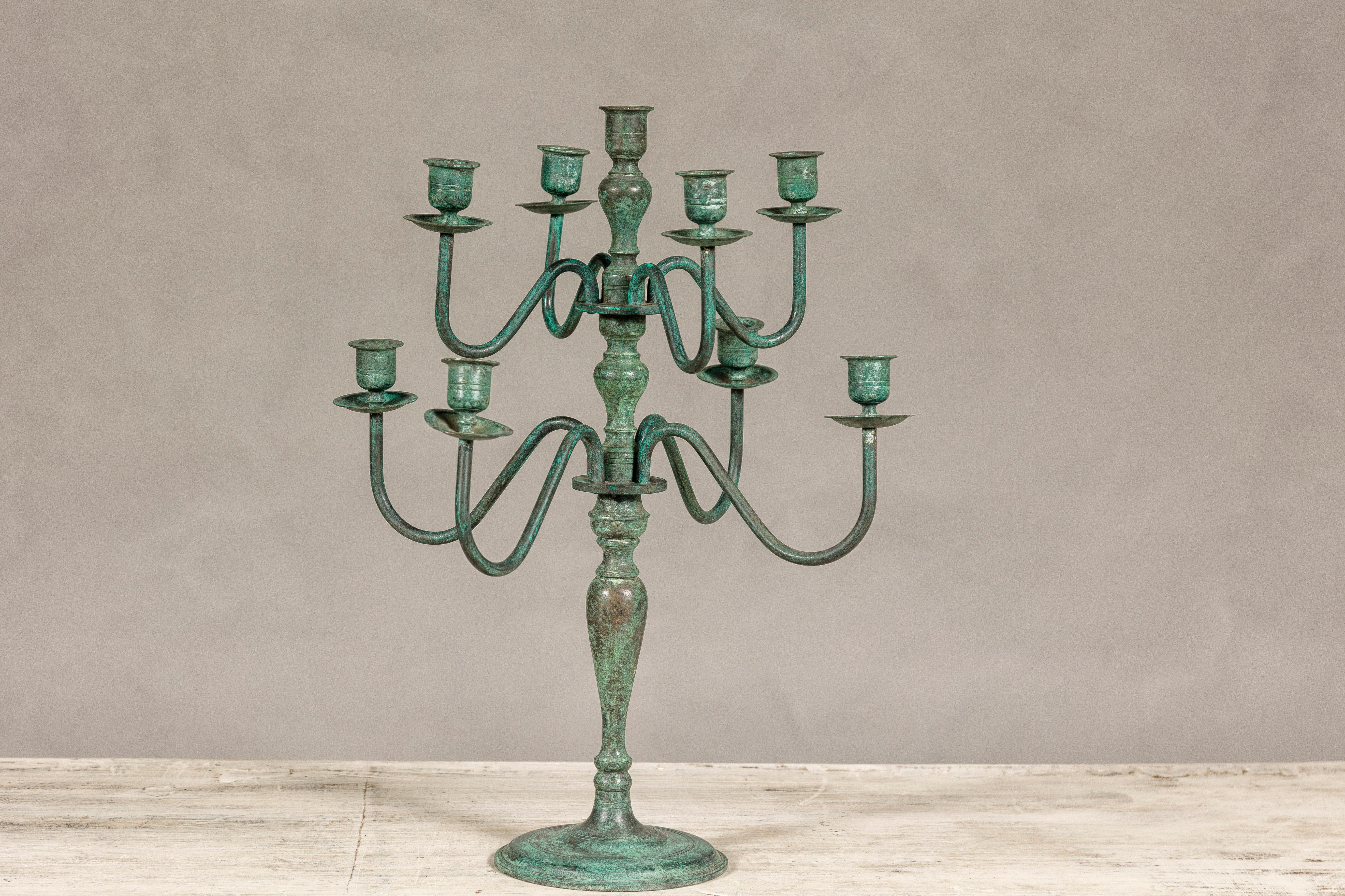 Japanese Vintage Two-Tiered Eight Arm Candelabra with Verdigris Patina For Sale 1