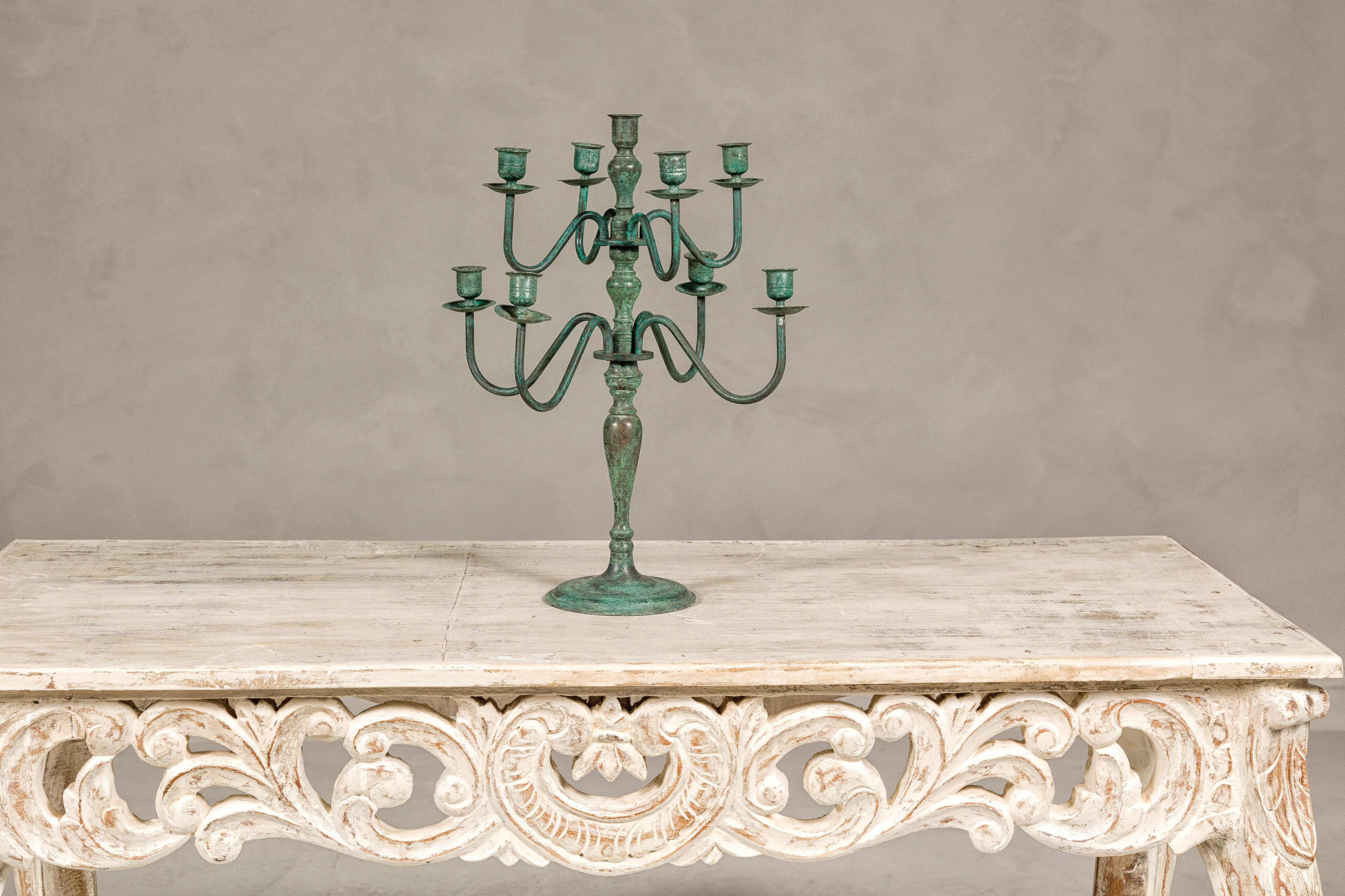 Japanese Vintage Two-Tiered Eight Arm Candelabra with Verdigris Patina For Sale 2