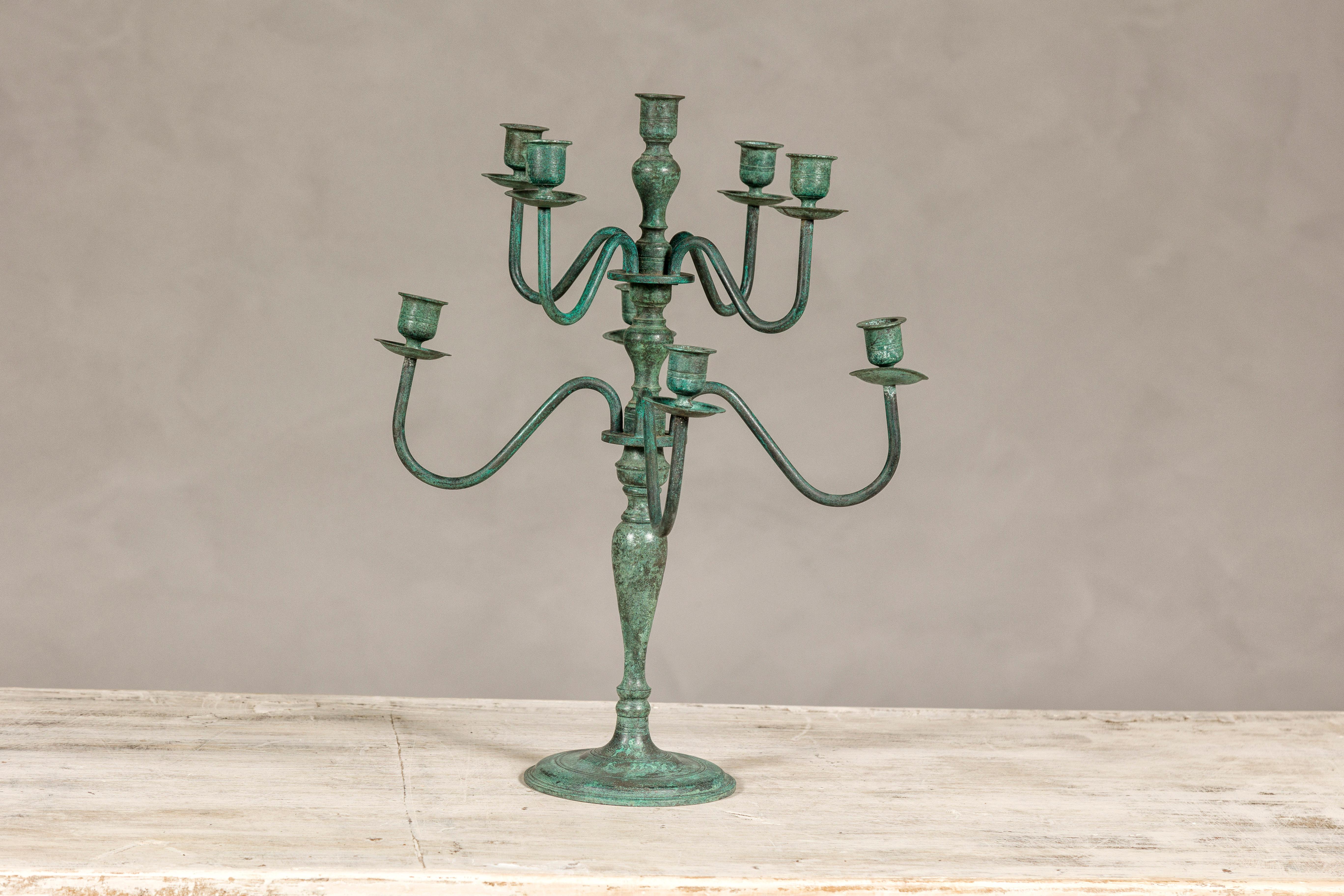 Japanese Vintage Two-Tiered Eight Arm Candelabra with Verdigris Patina For Sale 3