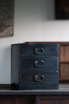 Japanese vintage urushi small Kiri tansu box chest of drawers, wabi sabi mingei