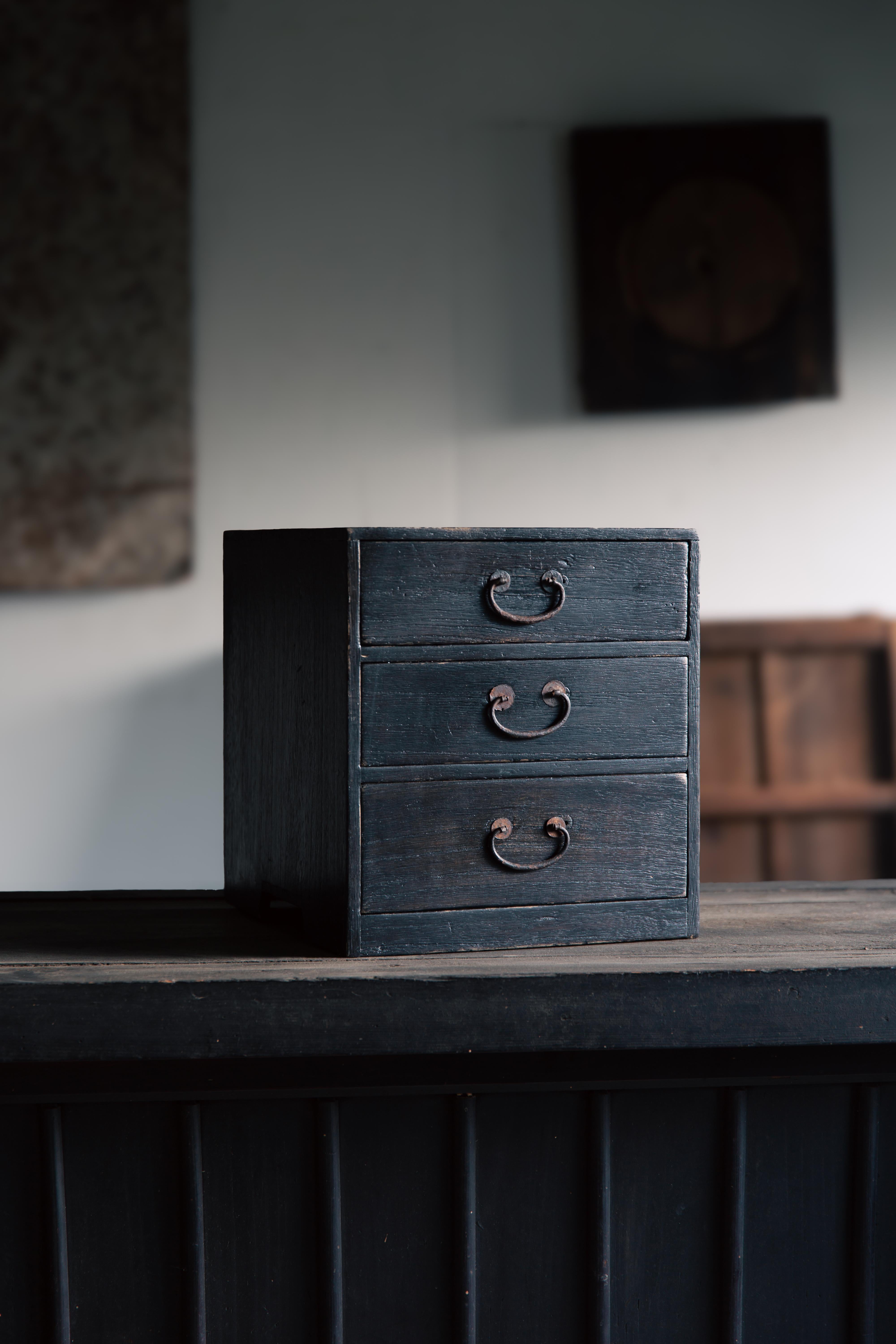 Folk Art Japanese vintage urushi small Kiri tansu box chest of drawers, wabi sabi mingei For Sale