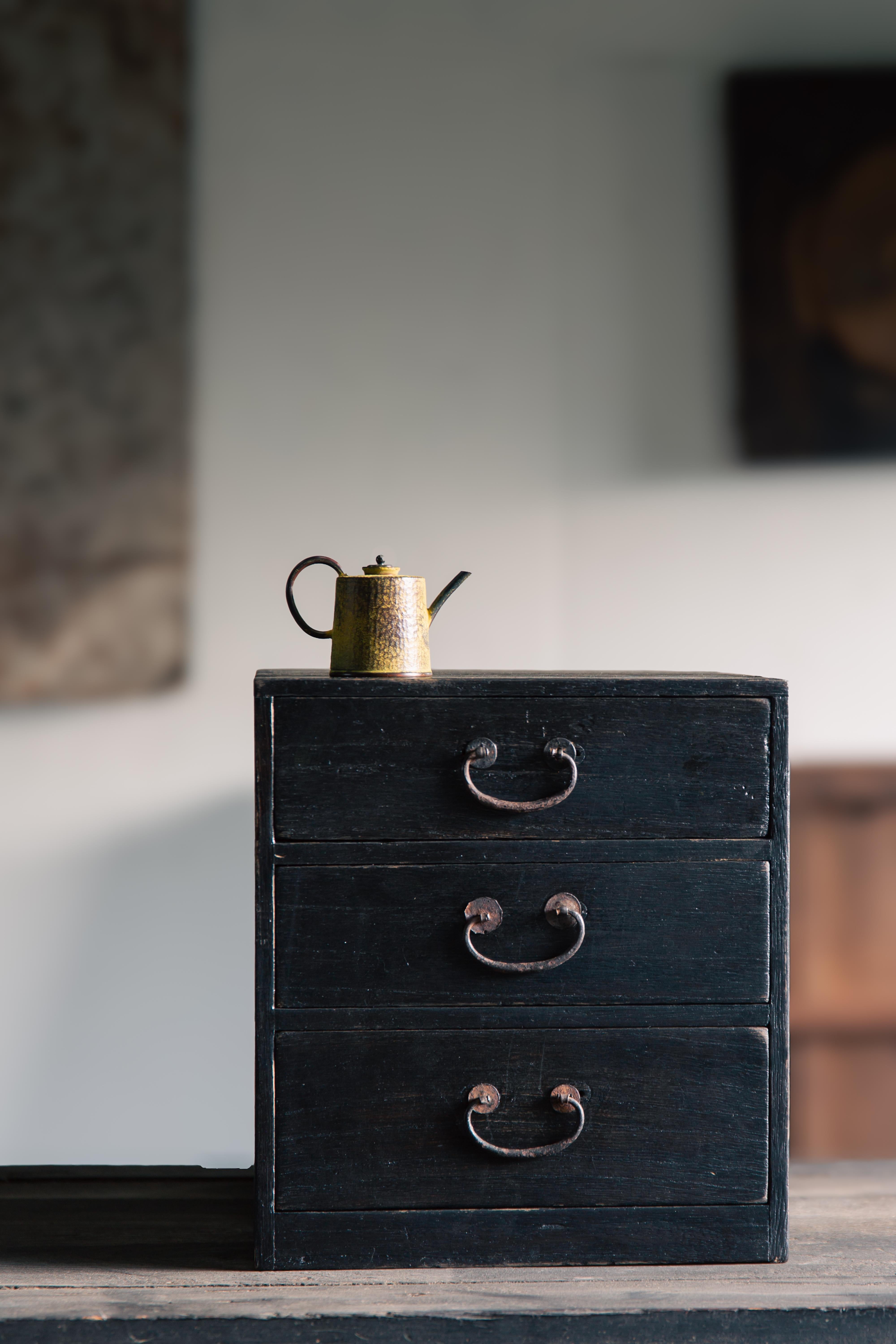 20th Century Japanese vintage urushi small Kiri tansu box chest of drawers, wabi sabi mingei For Sale