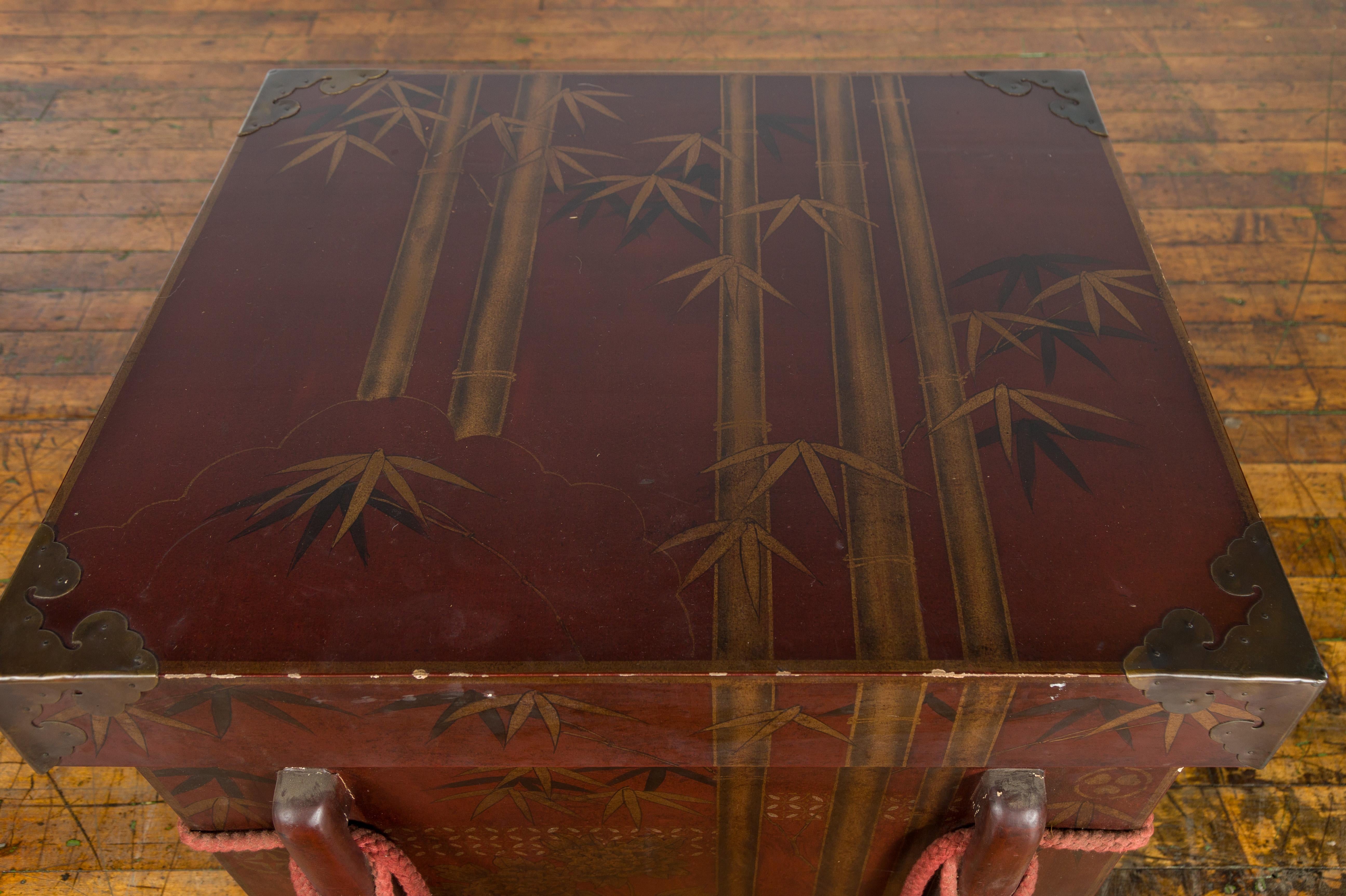 Japanese Vintage Wedding Chest with Brown Lacquer and Hand-Painted Décor For Sale 2