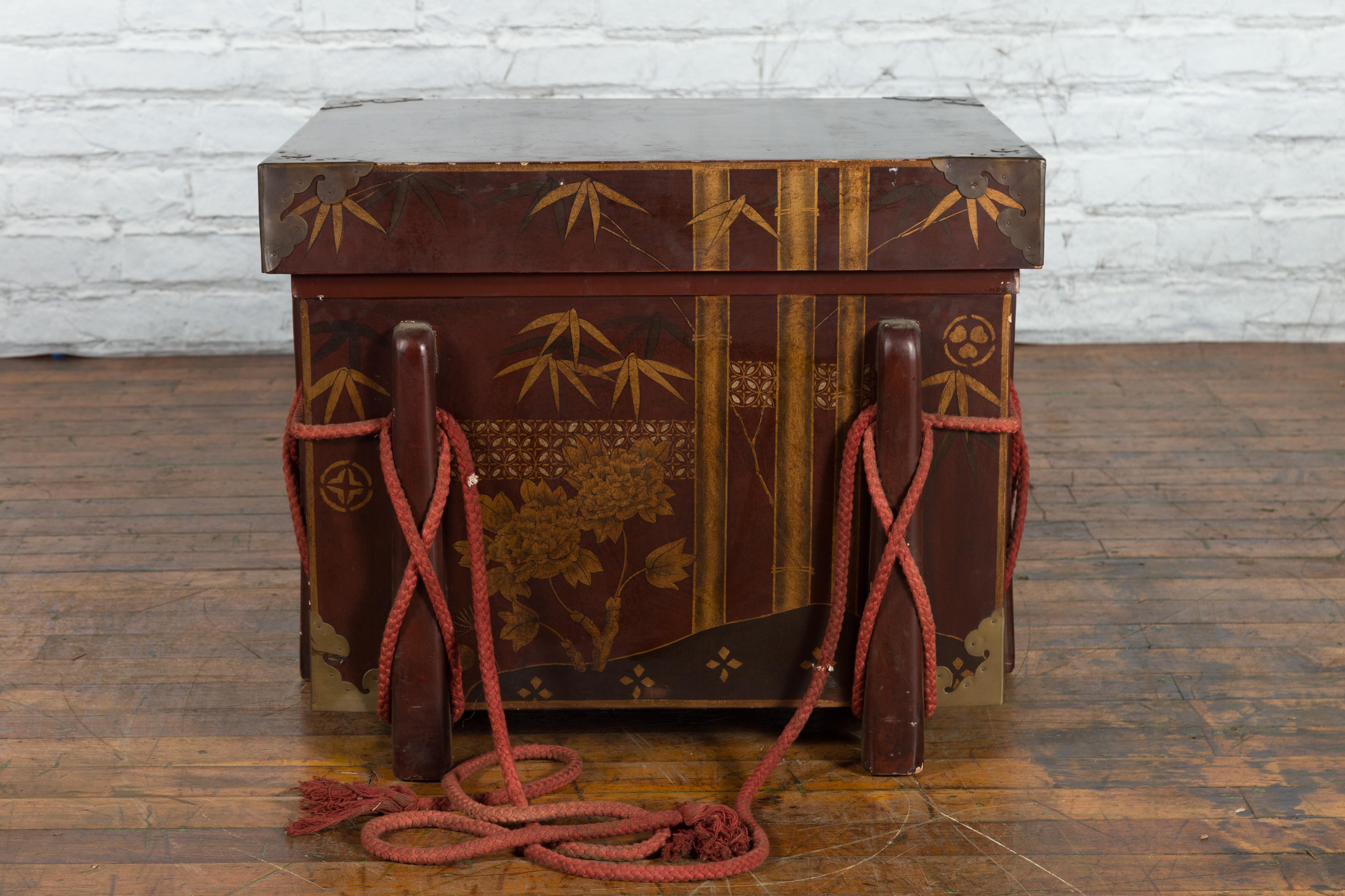 Japanese Vintage Wedding Chest with Brown Lacquer and Hand-Painted Décor For Sale 3