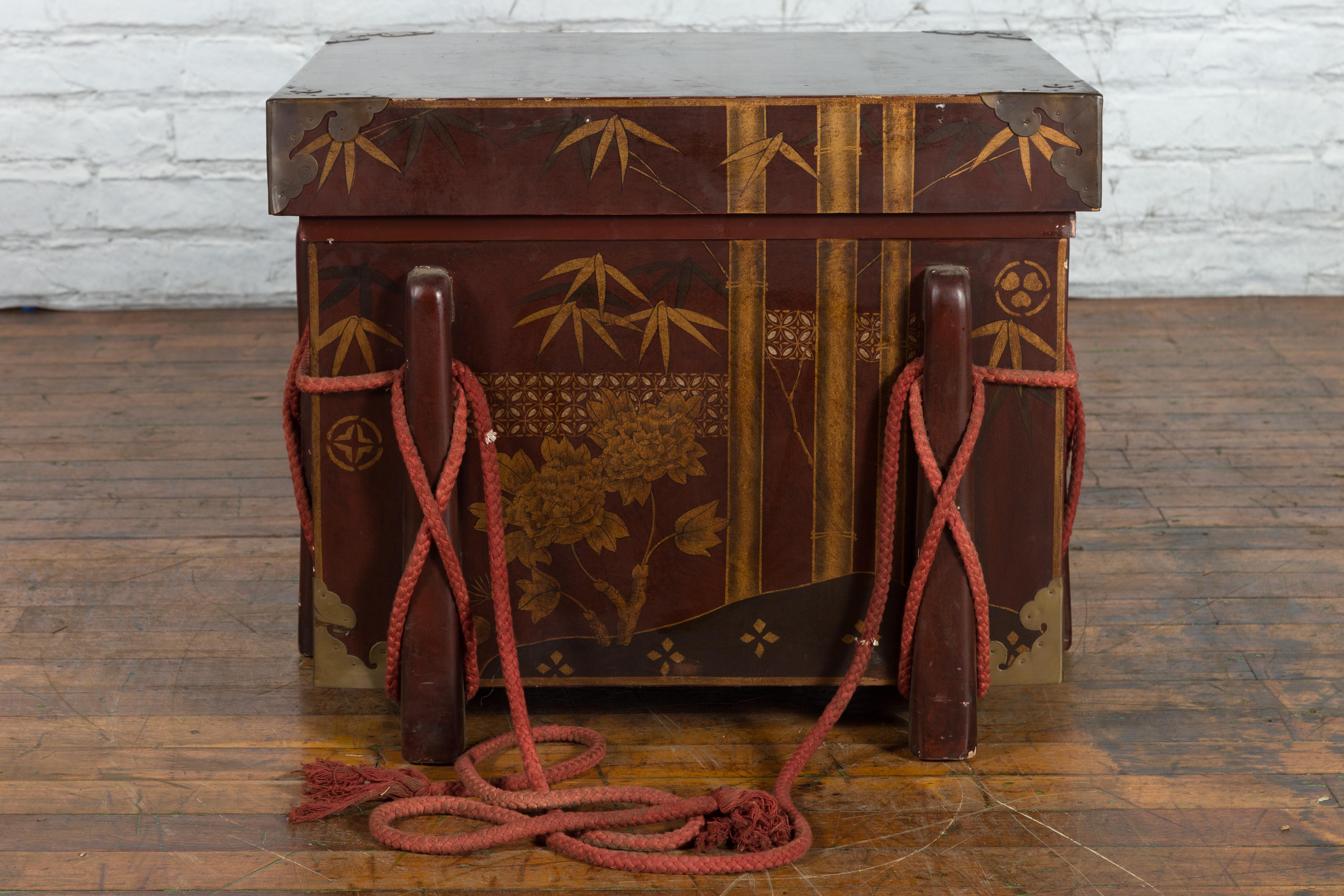 Japanese Vintage Wedding Chest with Brown Lacquer and Hand-Painted Décor For Sale 4