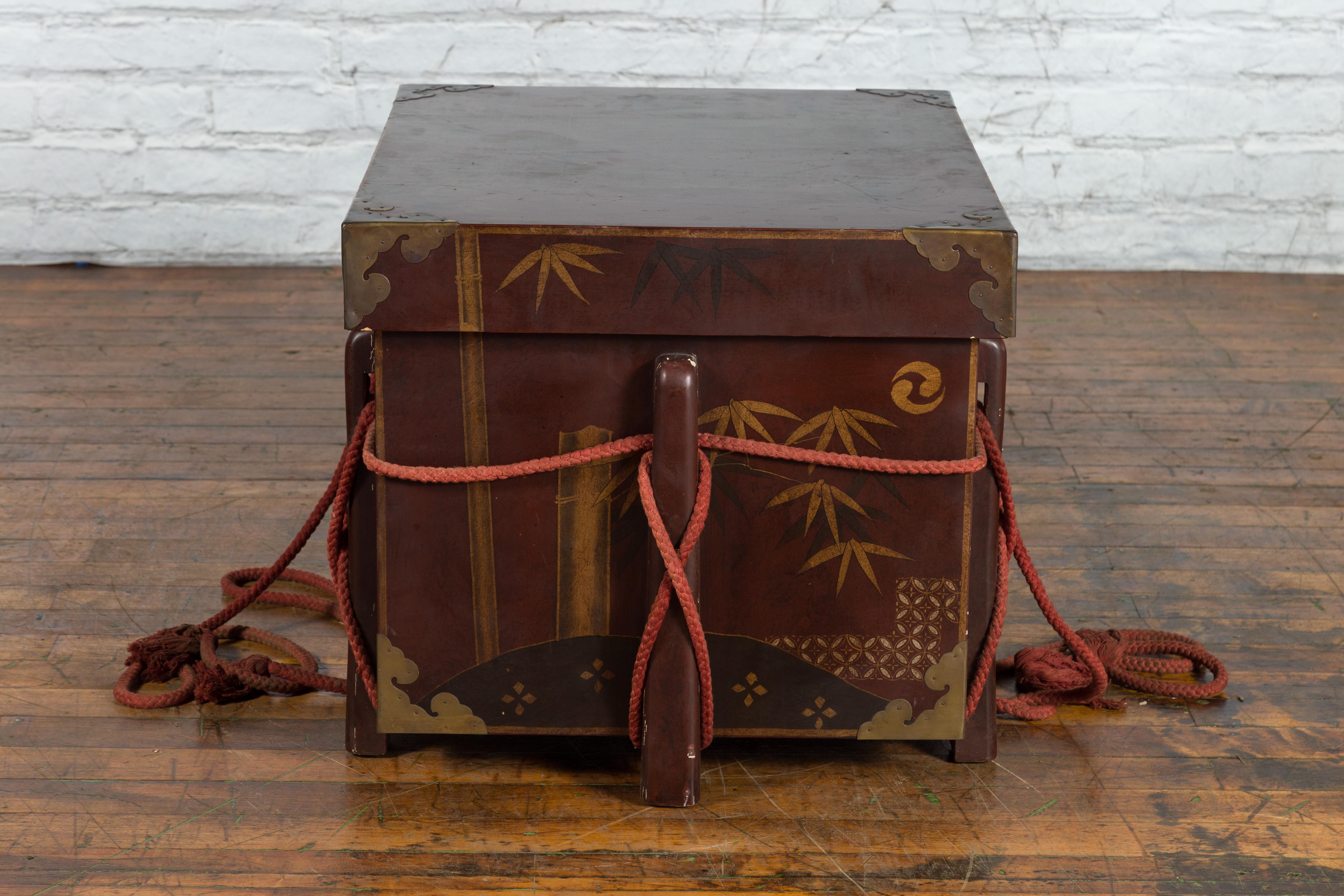 Japanese Vintage Wedding Chest with Brown Lacquer and Hand-Painted Décor For Sale 6