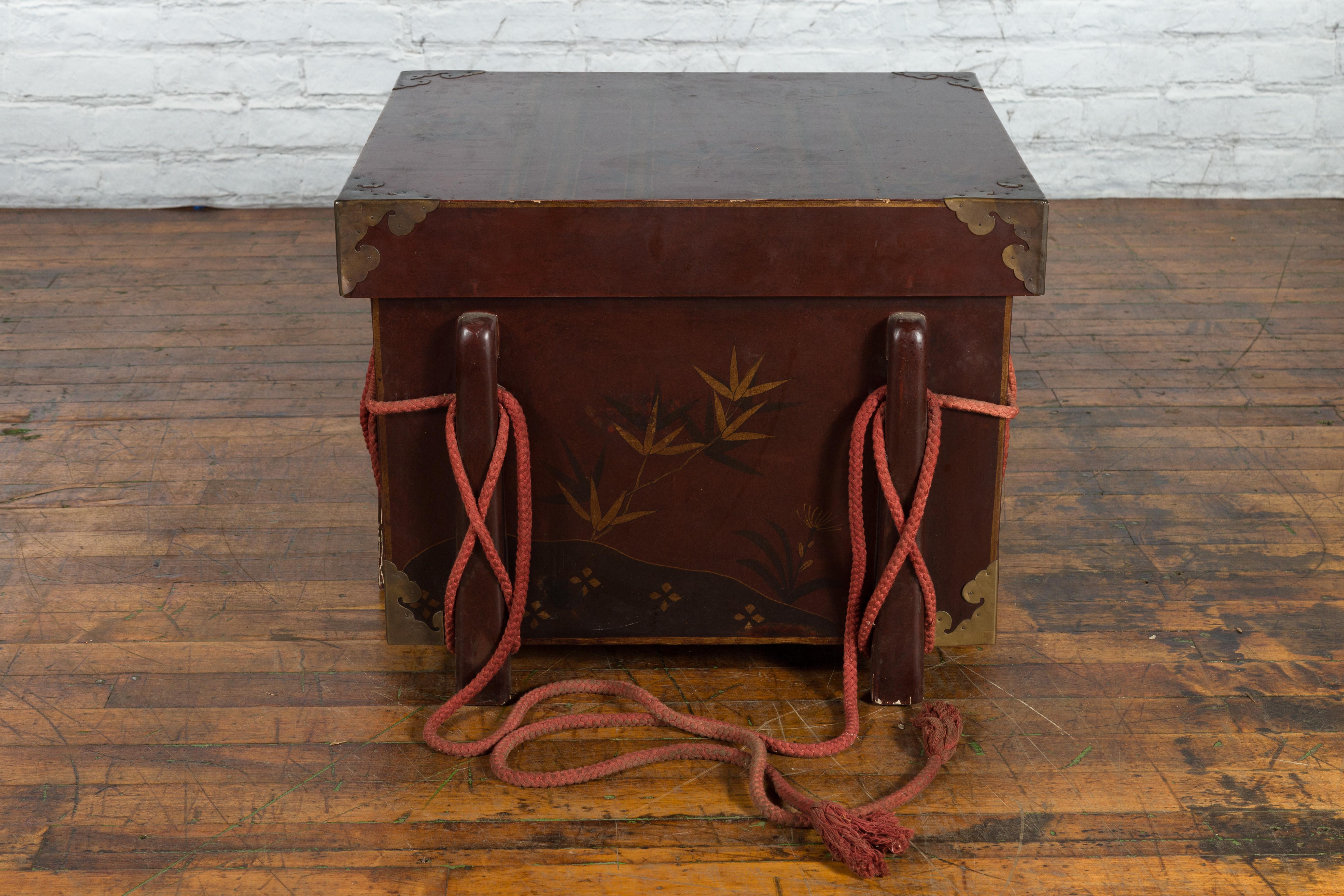 Japanese Vintage Wedding Chest with Brown Lacquer and Hand-Painted Décor For Sale 7