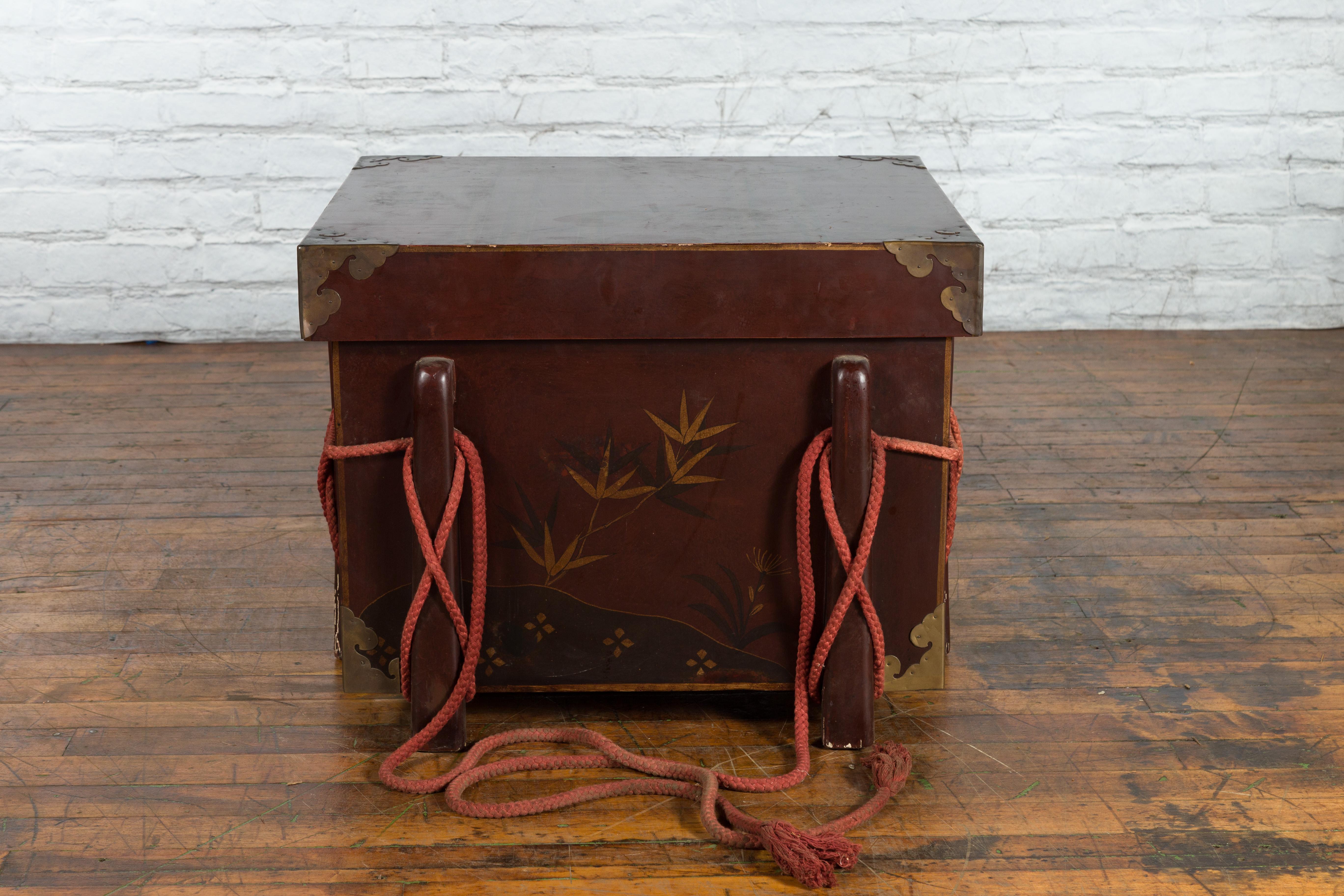 Japanese Vintage Wedding Chest with Brown Lacquer and Hand-Painted Décor For Sale 8