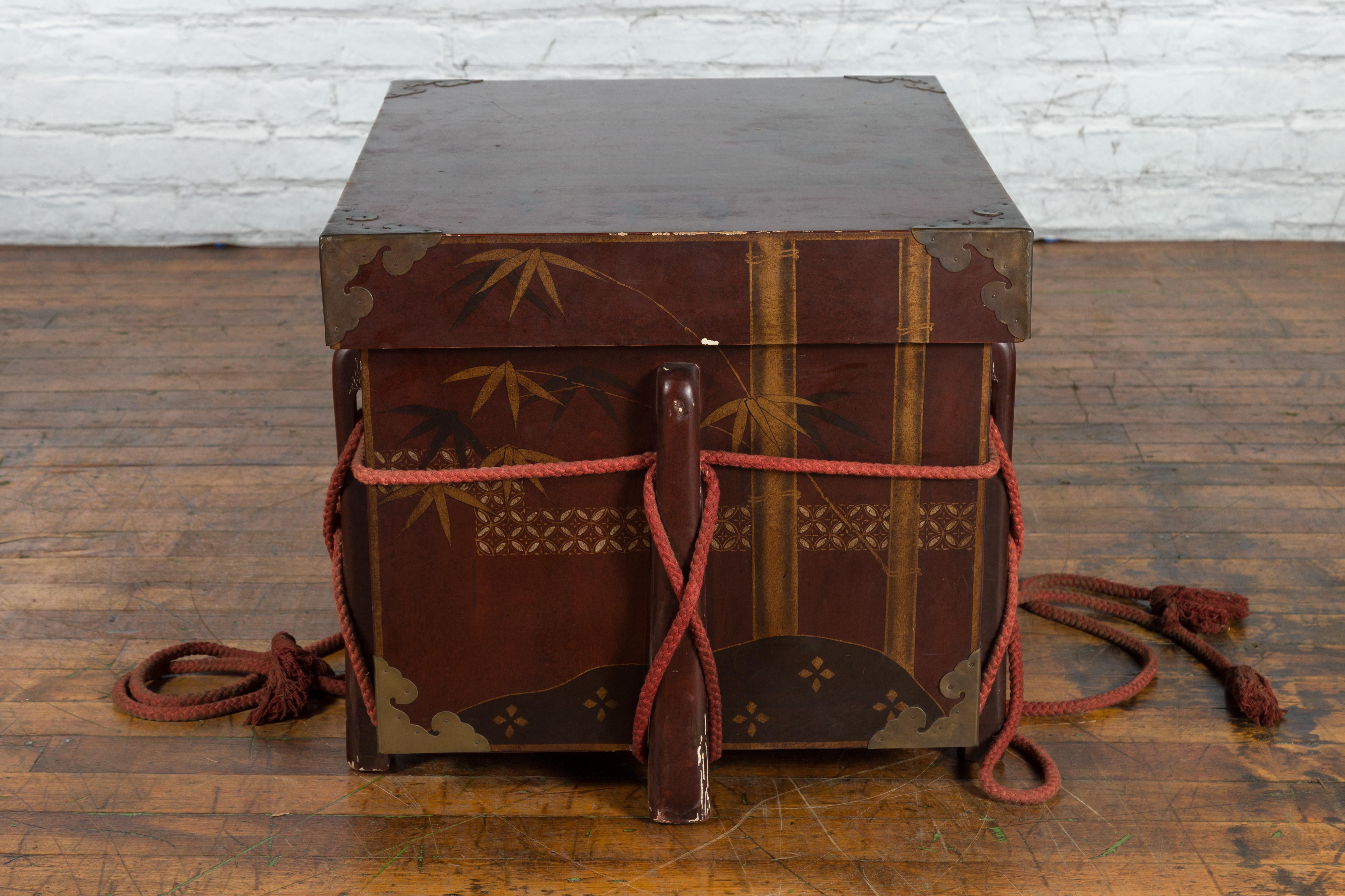 Japanese Vintage Wedding Chest with Brown Lacquer and Hand-Painted Décor For Sale 9