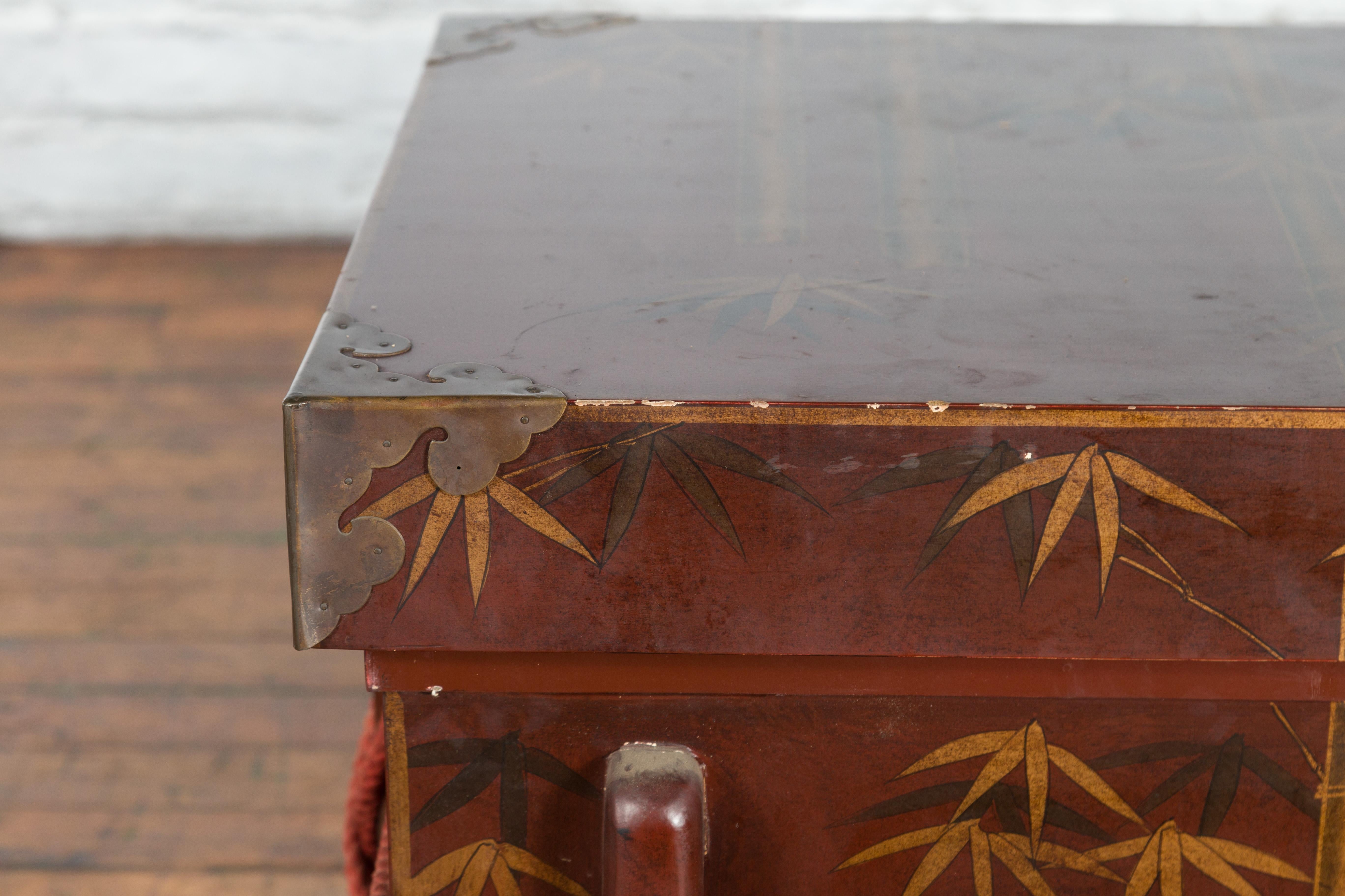 Lacquered Japanese Vintage Wedding Chest with Brown Lacquer and Hand-Painted Décor For Sale