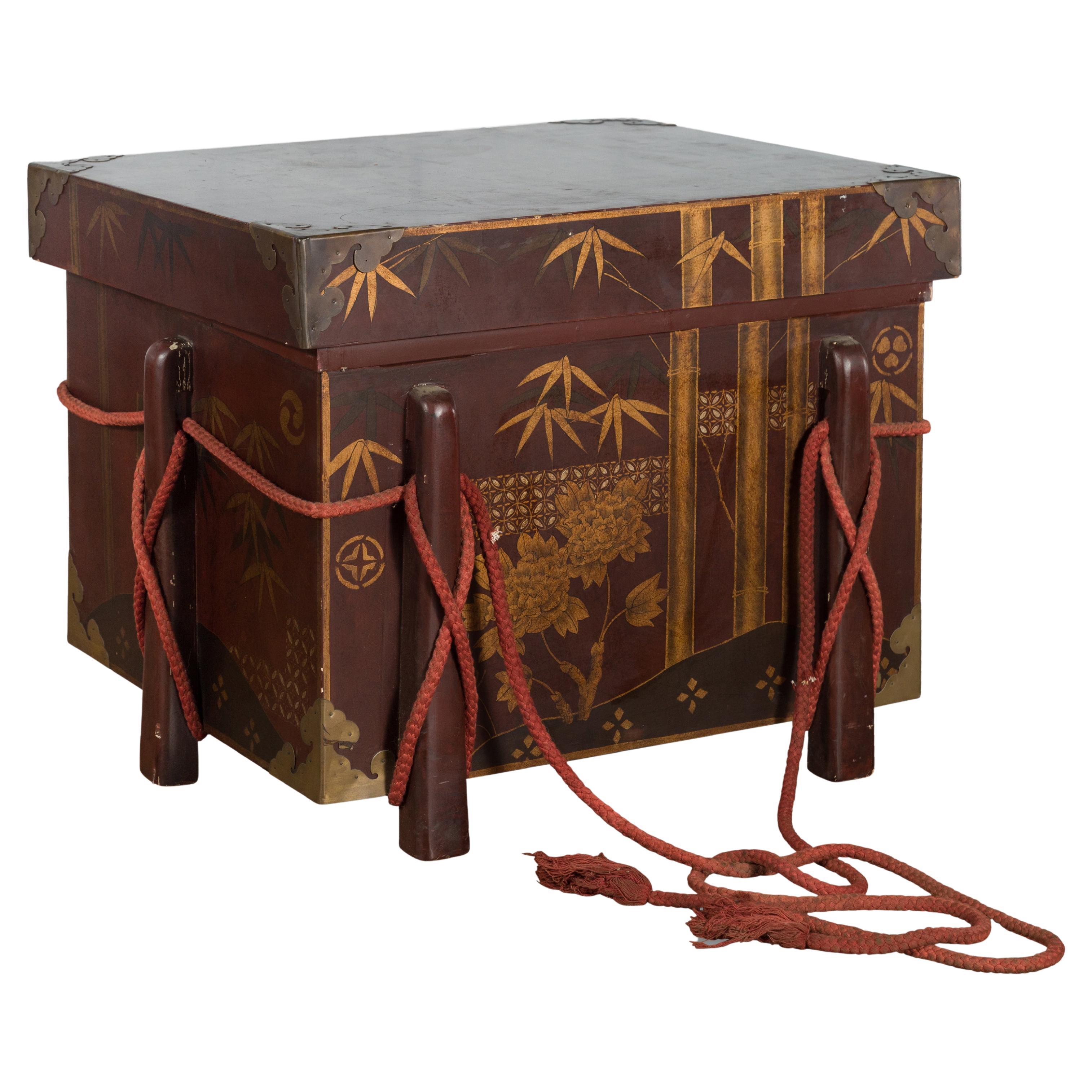 Japanese Vintage Wedding Chest with Brown Lacquer and Hand-Painted Décor