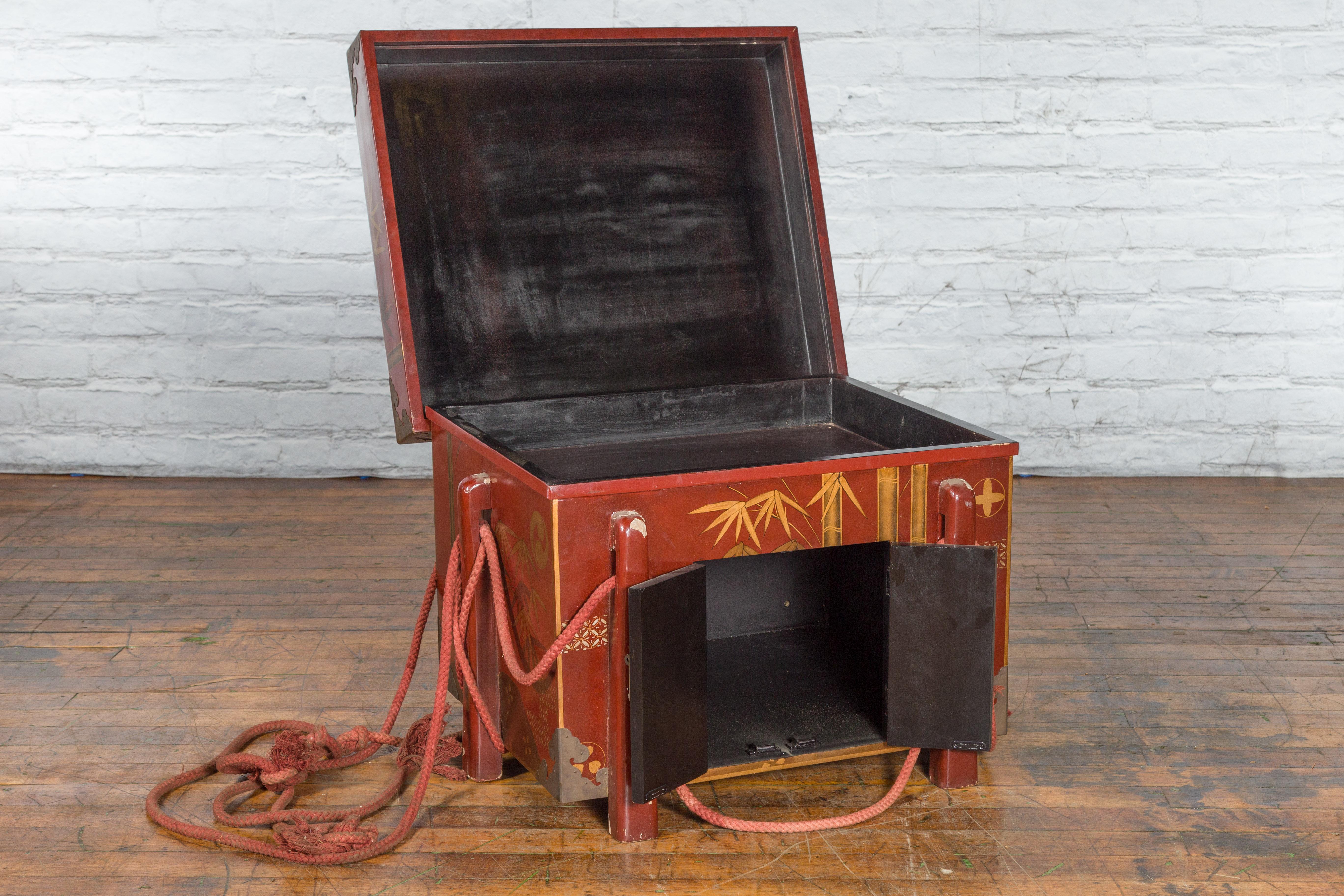 Japanese Vintage Wedding Chest with Red Lacquer and Hand-Painted Décor For Sale 4