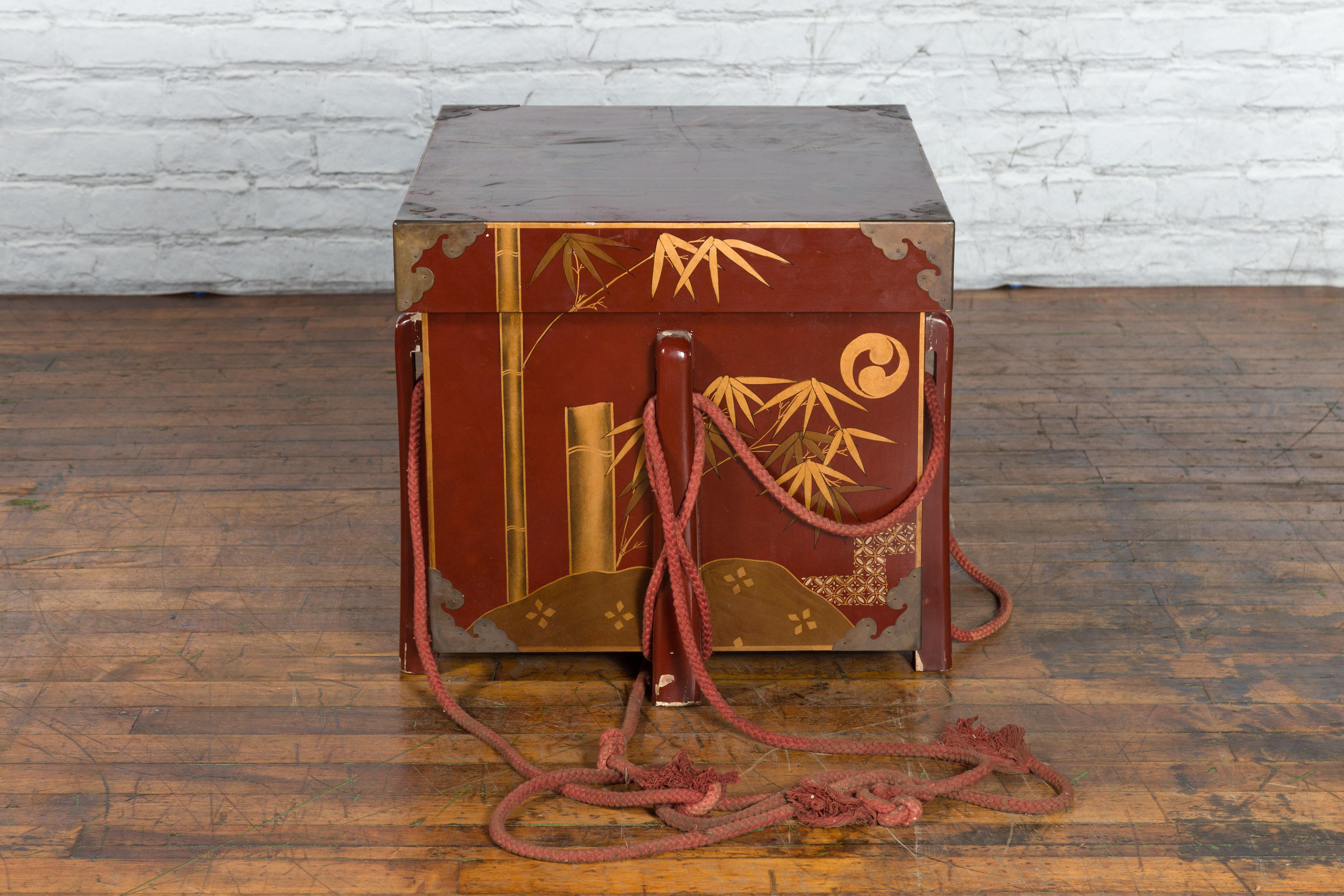 Japanese Vintage Wedding Chest with Red Lacquer and Hand-Painted Décor For Sale 5