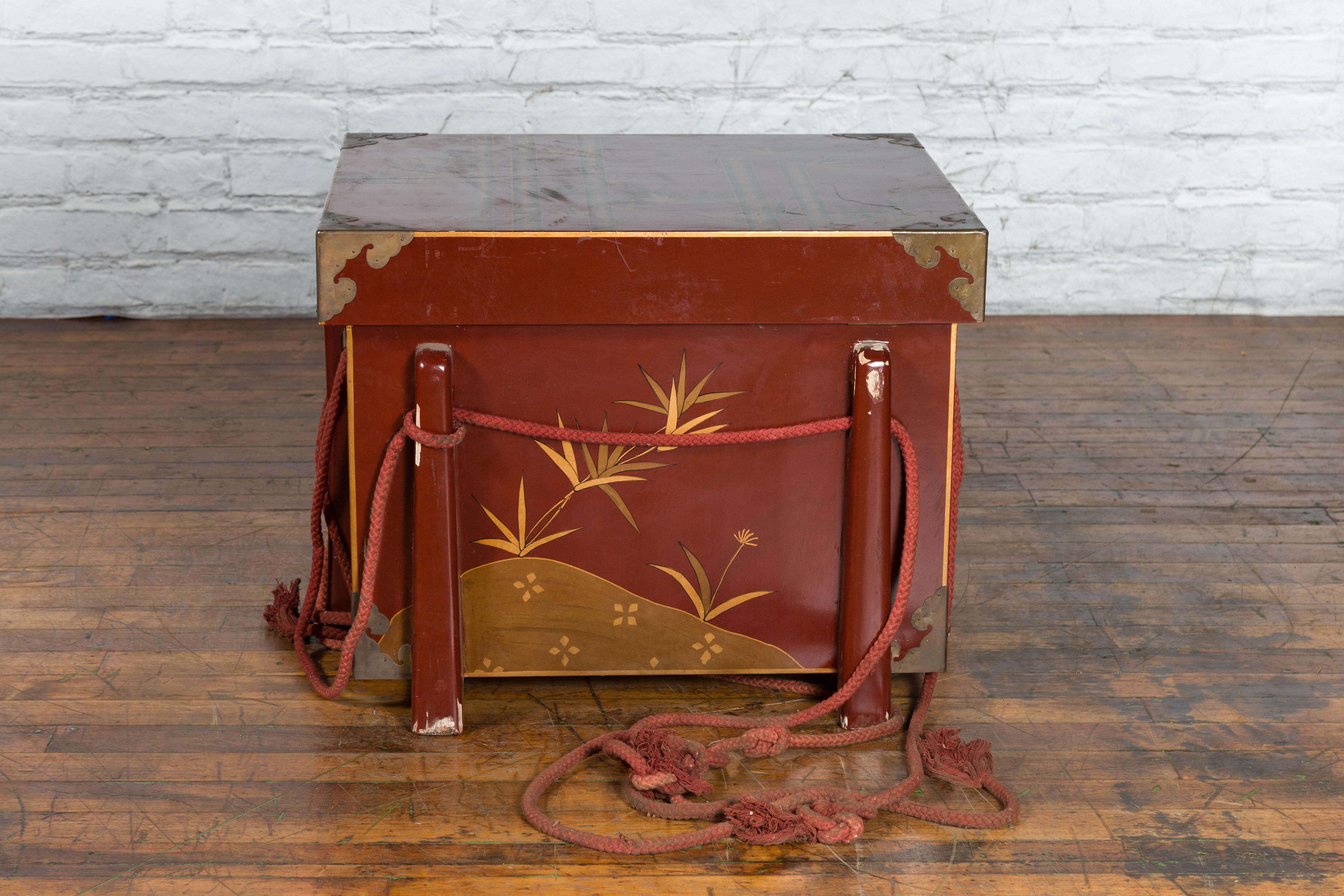 Japanese Vintage Wedding Chest with Red Lacquer and Hand-Painted Décor For Sale 6