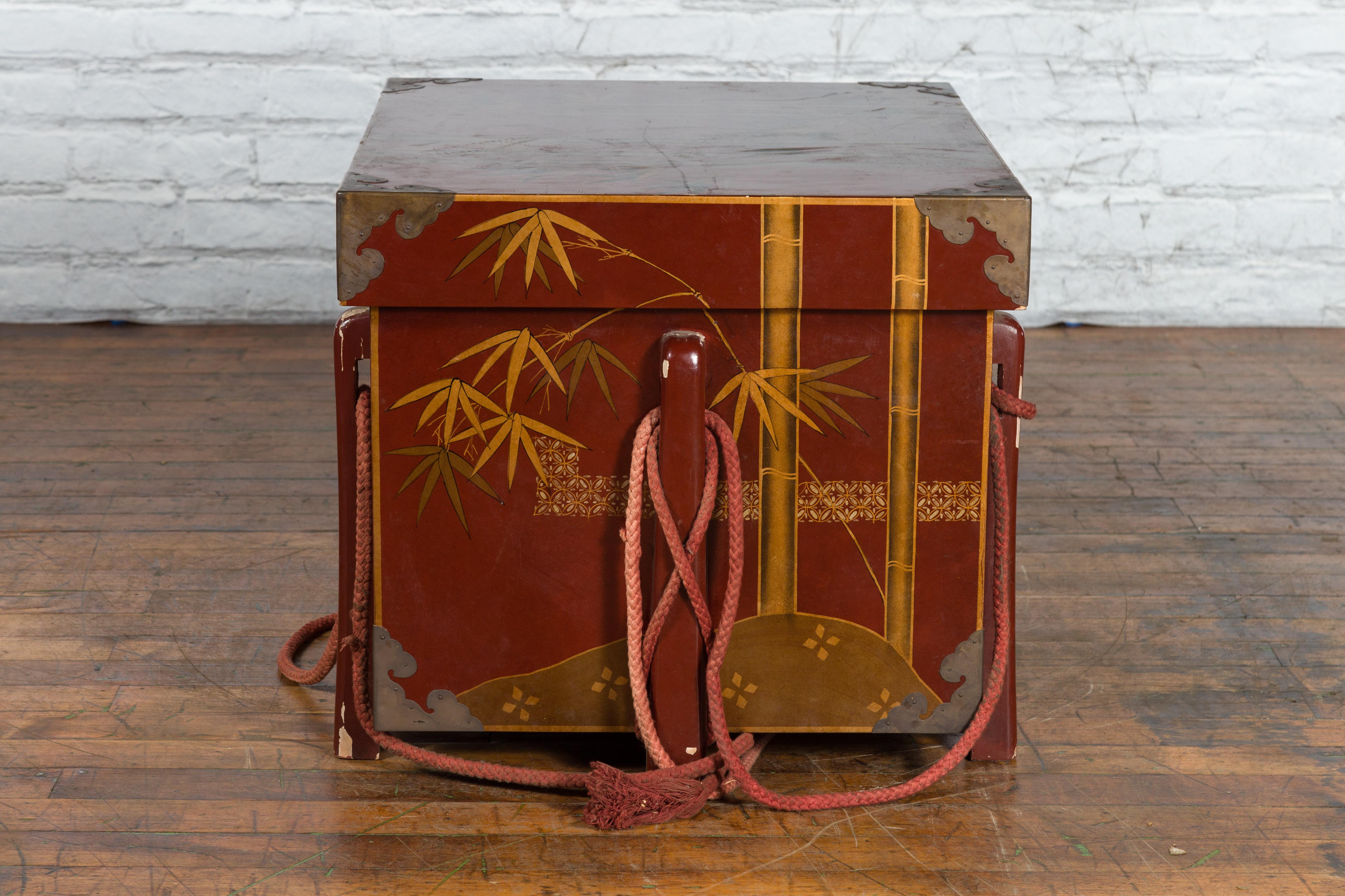 Japanese Vintage Wedding Chest with Red Lacquer and Hand-Painted Décor For Sale 7
