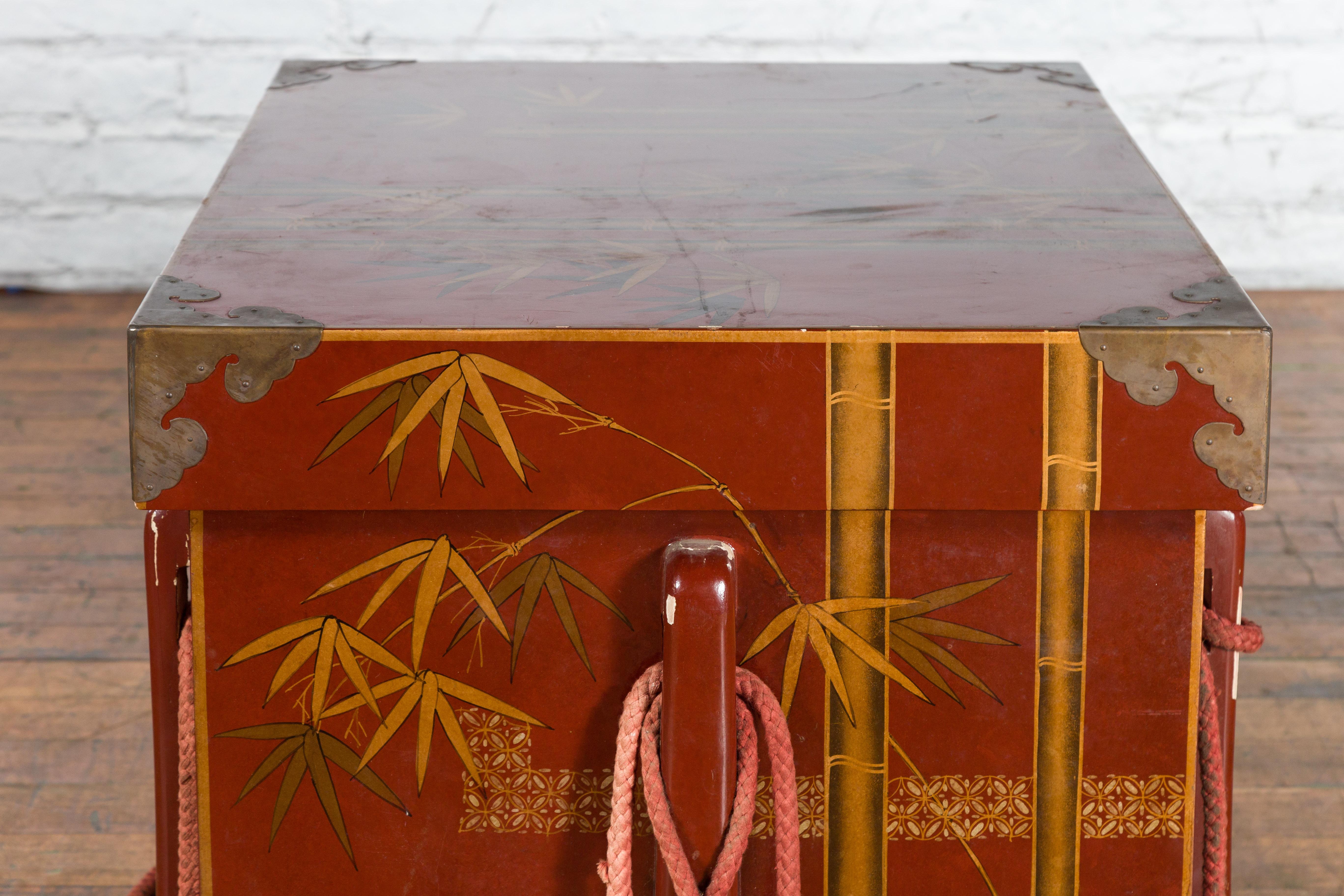 Japanese Vintage Wedding Chest with Red Lacquer and Hand-Painted Décor For Sale 8