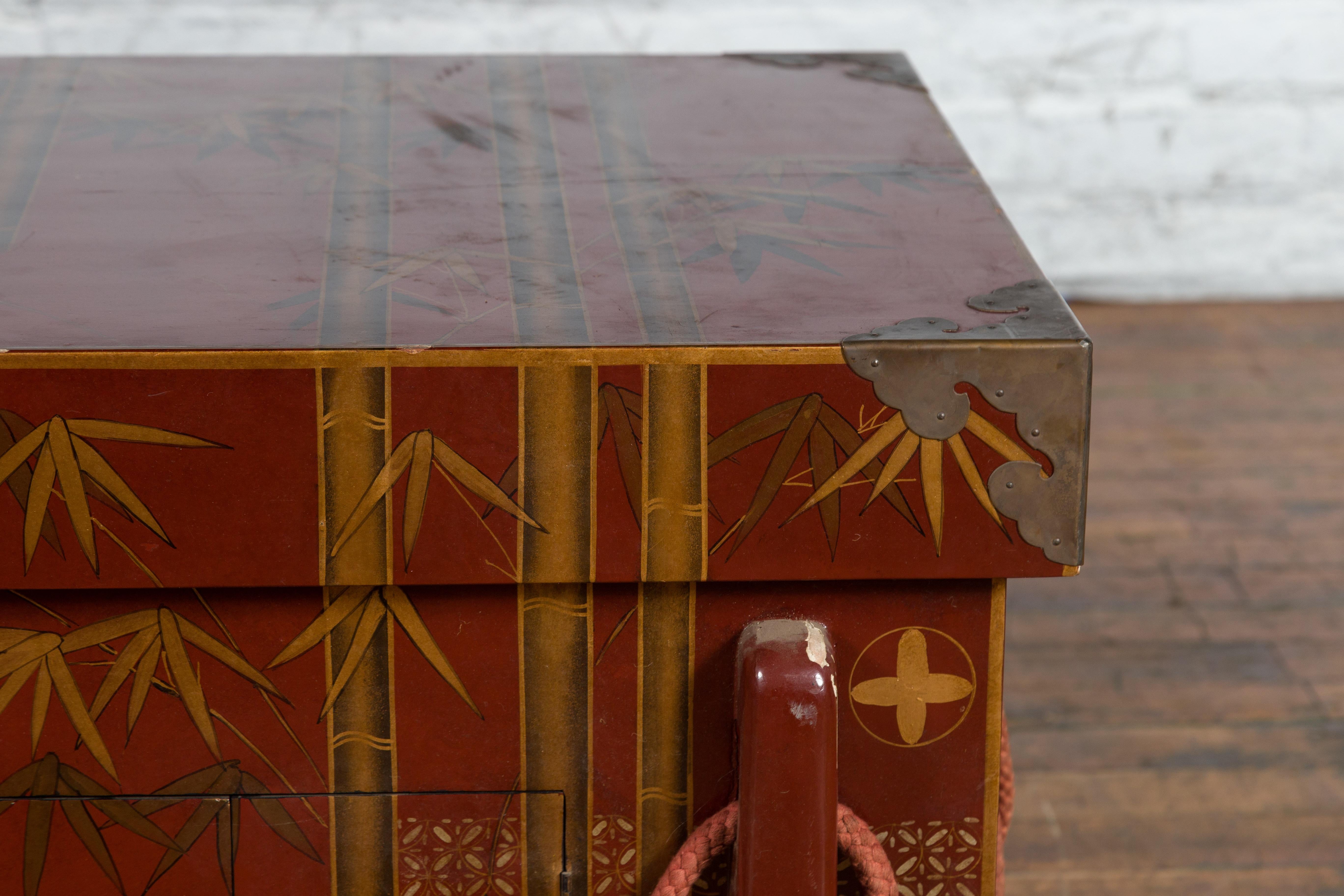Lacquered Japanese Vintage Wedding Chest with Red Lacquer and Hand-Painted Décor For Sale