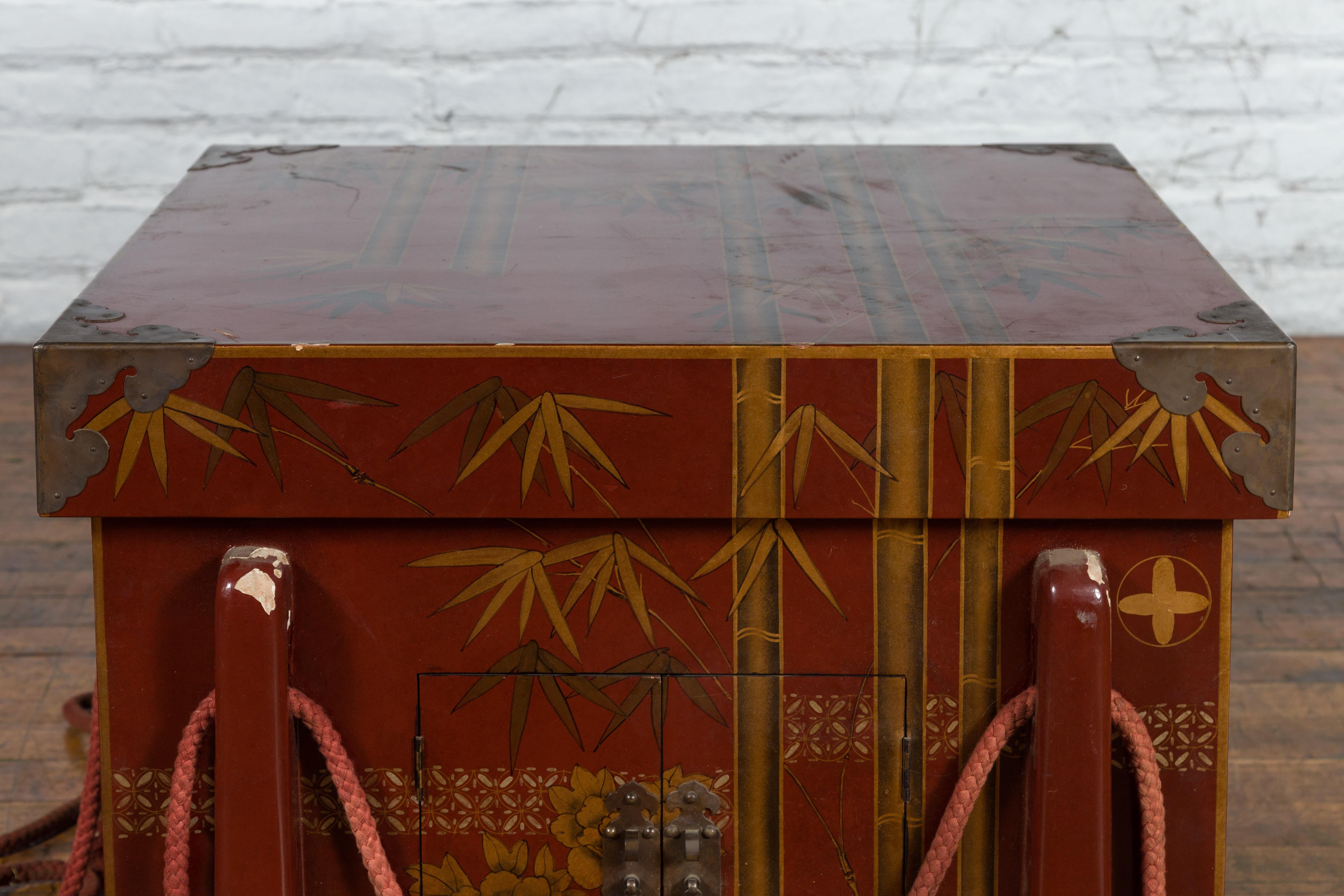 Japanese Vintage Wedding Chest with Red Lacquer and Hand-Painted Décor For Sale 1