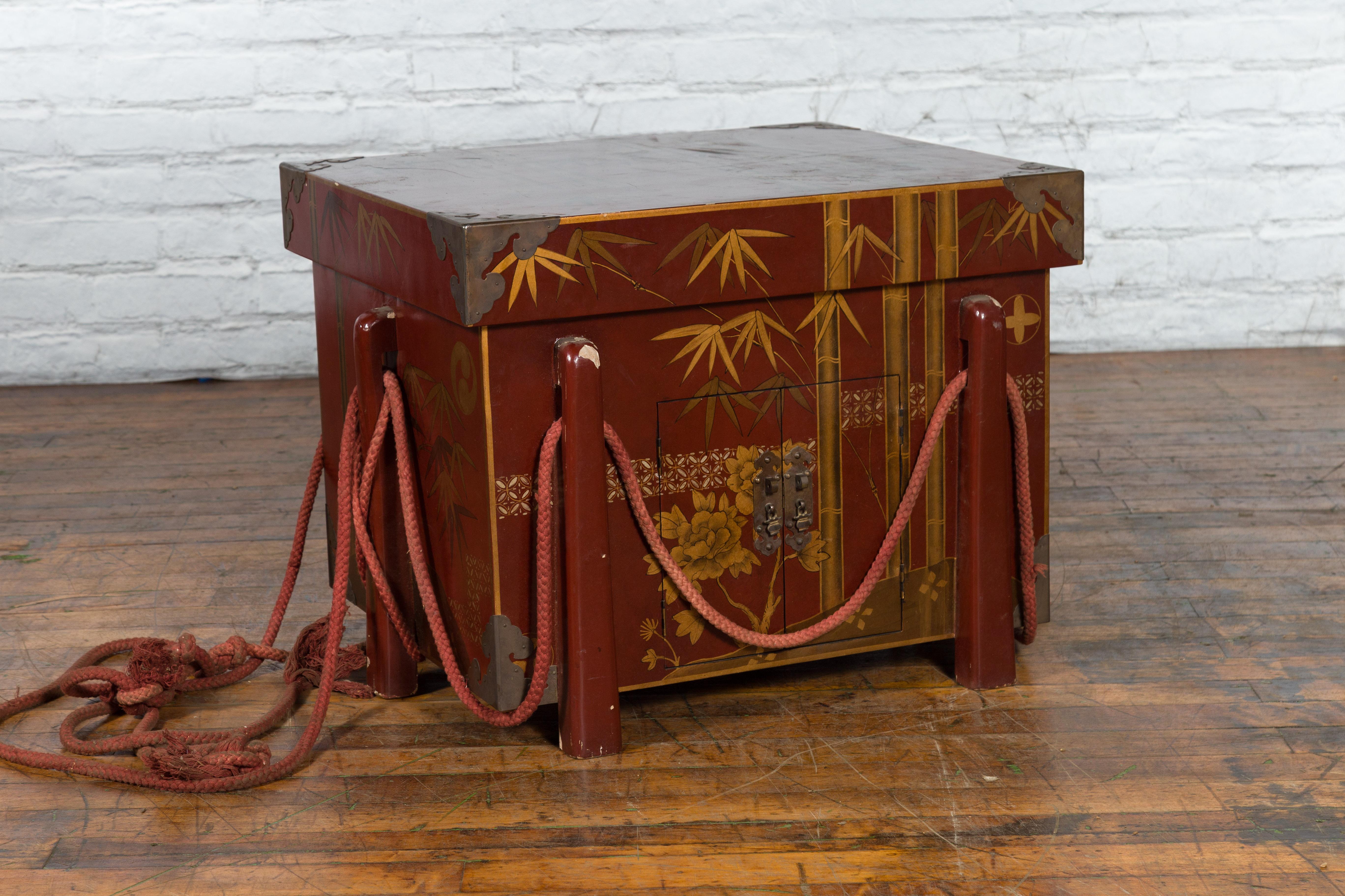 Japanese Vintage Wedding Chest with Red Lacquer and Hand-Painted Décor For Sale 2
