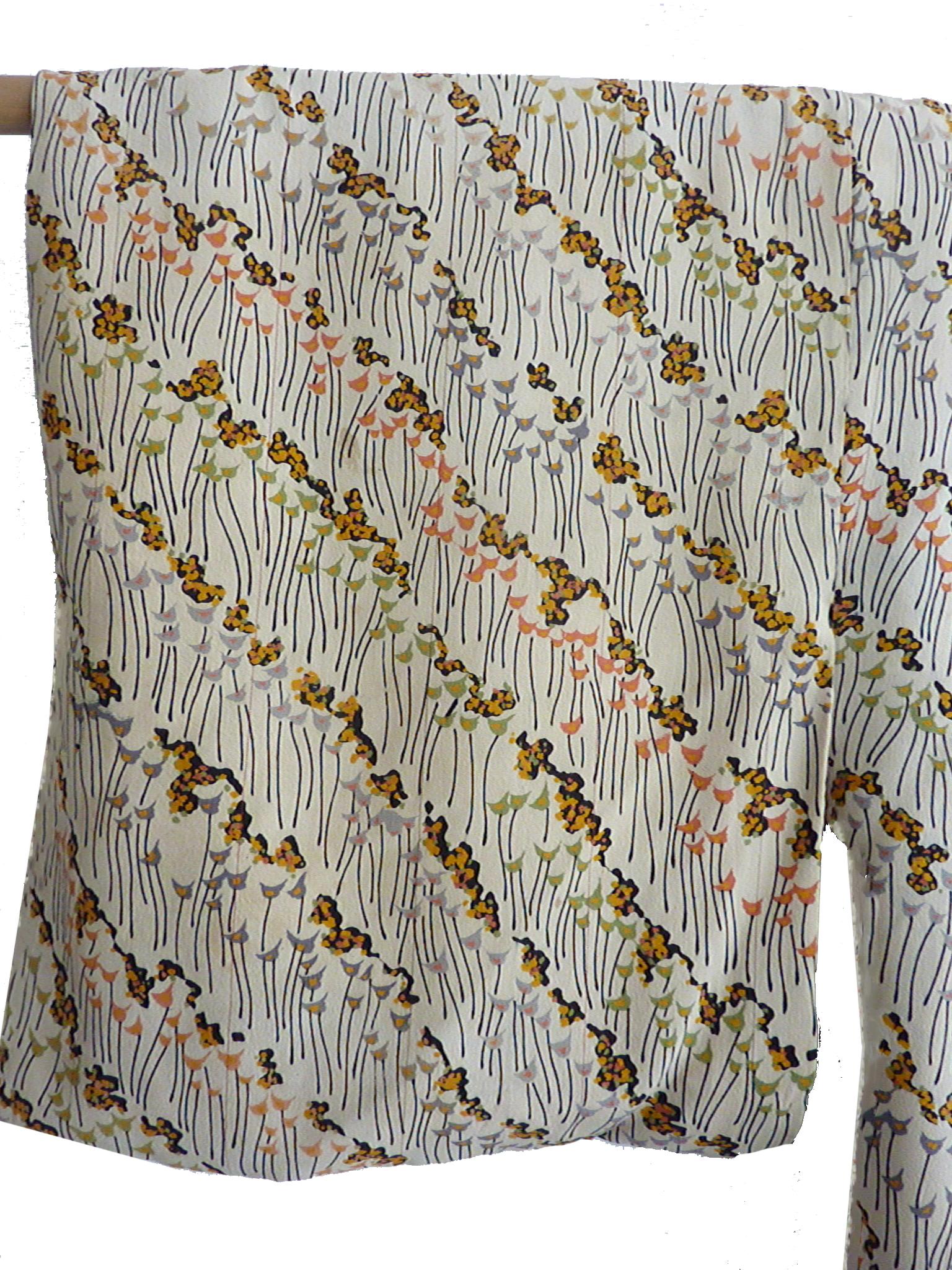 Handgefertigter Vintage-Kimono aus Seide mit Weizengras-Druck (Braun) im Angebot