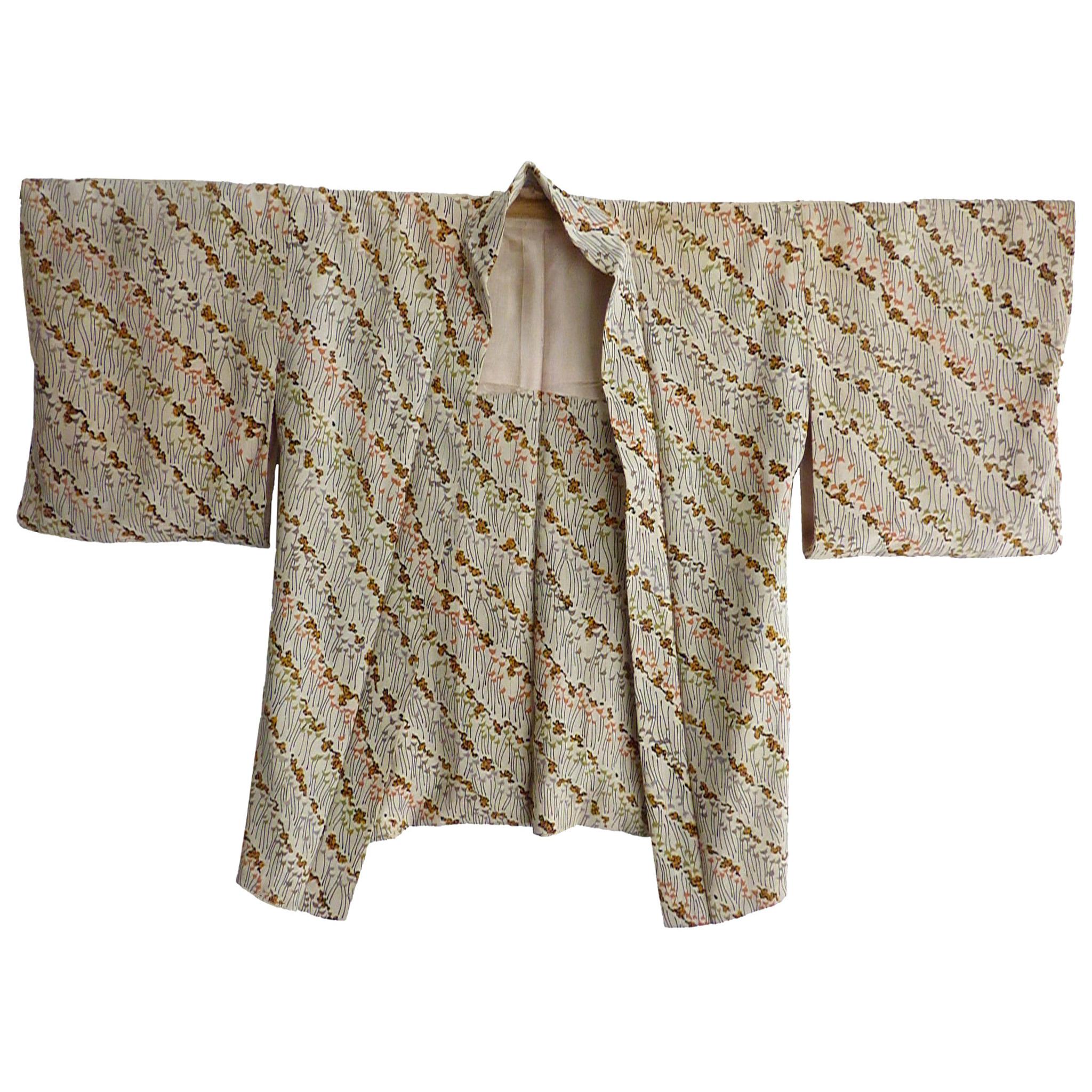 Handgefertigter Vintage-Kimono aus Seide mit Weizengras-Druck im Angebot