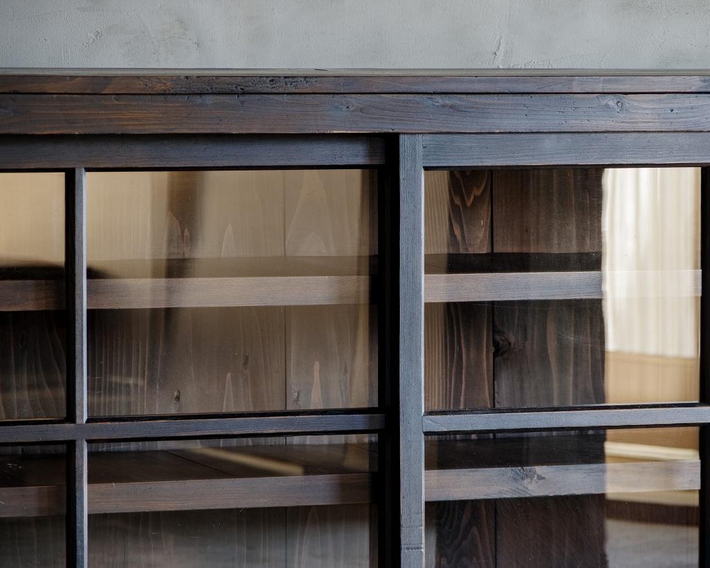Wood Japanese Vintage Wide Glass Sliding Door Cabinet, Mid-Showa Period '1940s-1960s'
