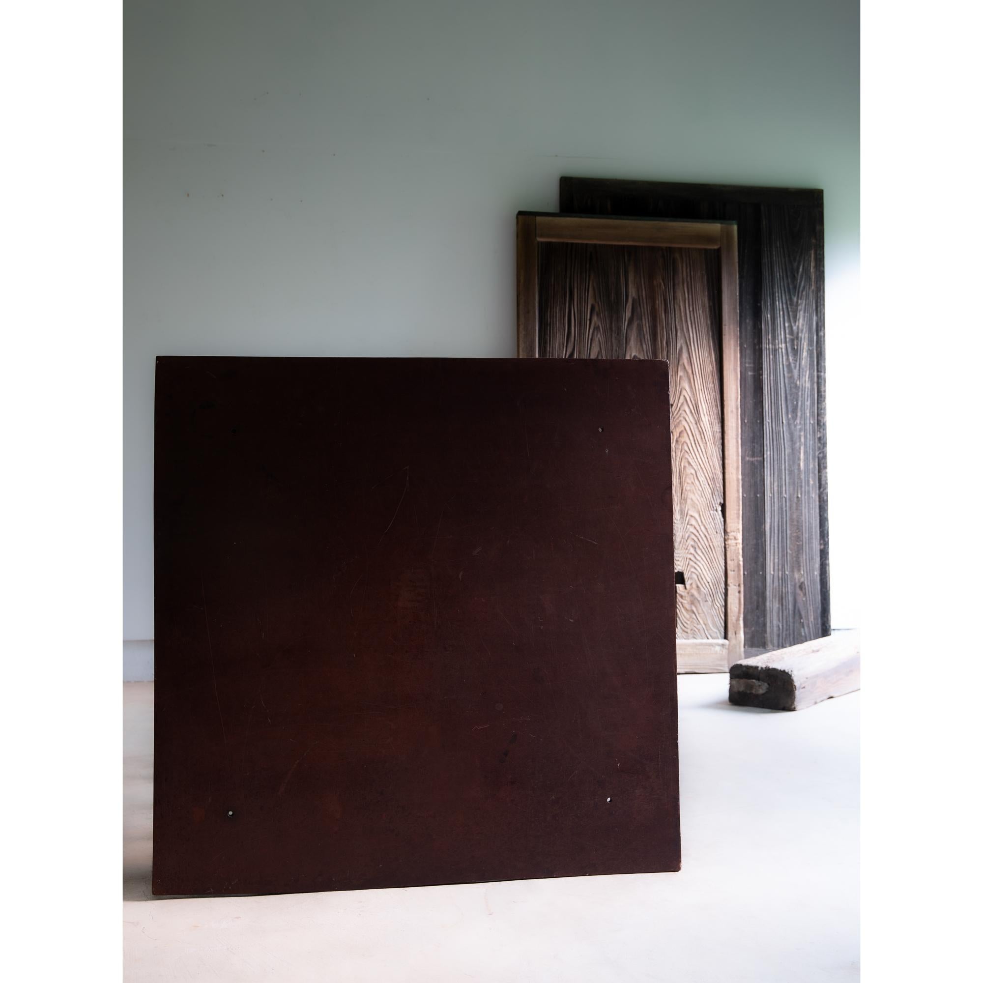 Japanese antique low dining table / Kotatsu (heated table) for 4 people.
Tabletop material is made of single solid hardwood, original paint remains on the backside, which gives another impression. There're 4 small bit holes to attach the legs.
The