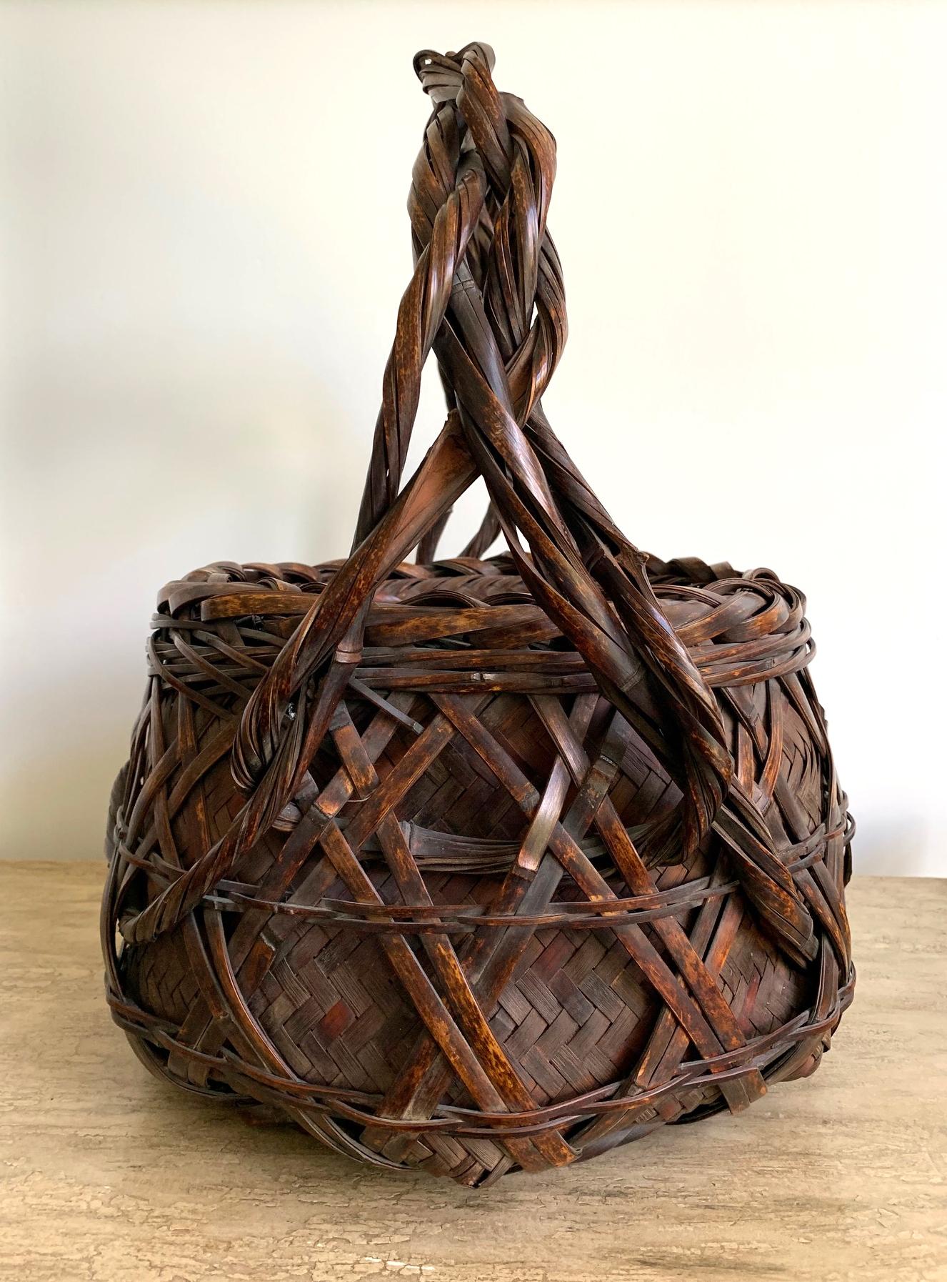 Early 20th Century Japanese Wagumi Handled Bamboo Basket Ikebana For Sale