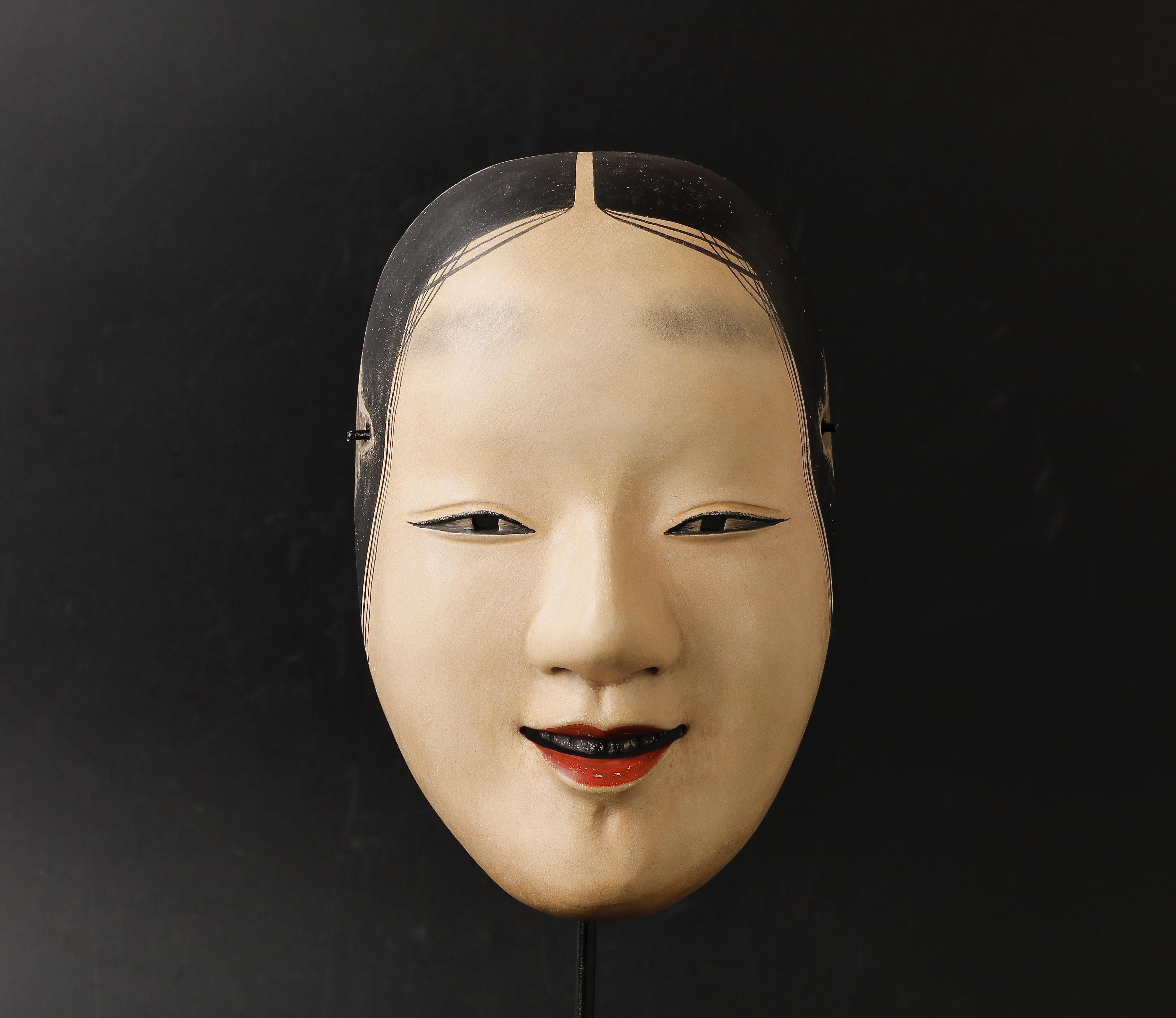 Japanese Waka Onna Noh Mask Representing Young Woman Signed by Taito 1