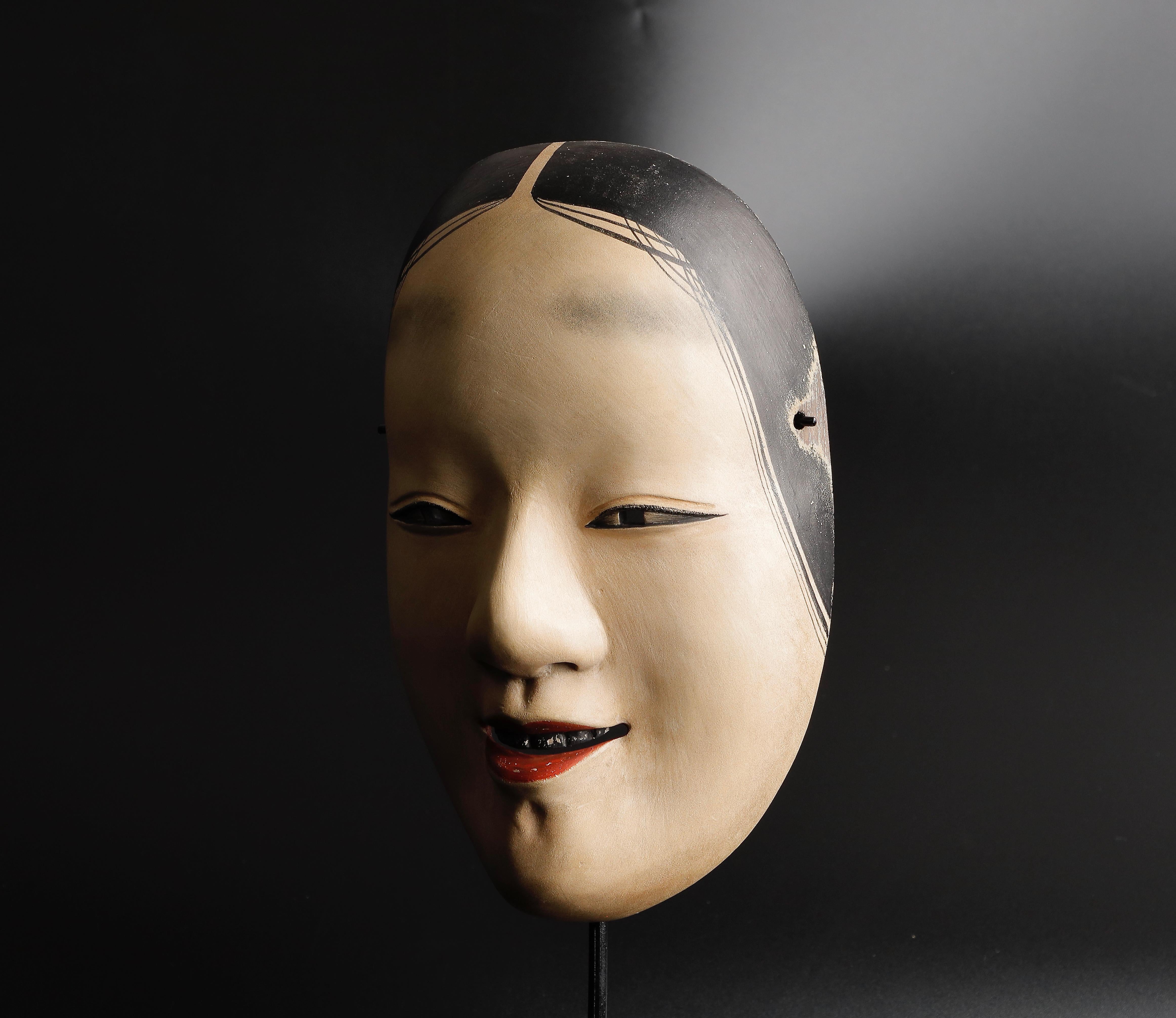 Hand-Carved Japanese Waka Onna Noh Mask Representing Young Woman Signed by Taito