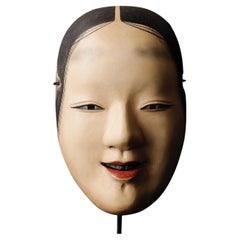 Japanese Waka Onna Noh Mask Representing Young Woman Signed by Taito