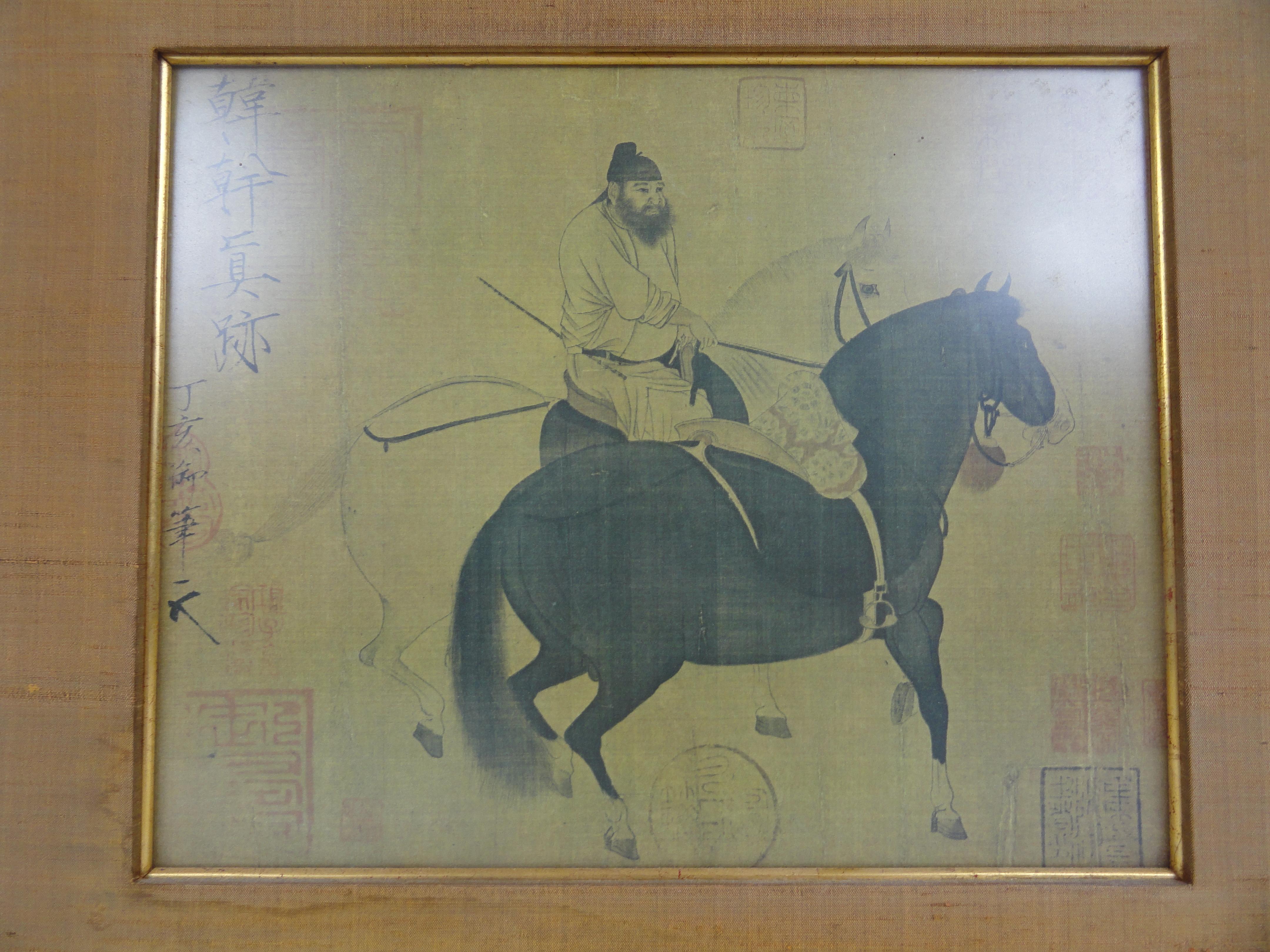 Late 19th century Japanese water color of a warrior on horseback.
Silk wrapped frame.
