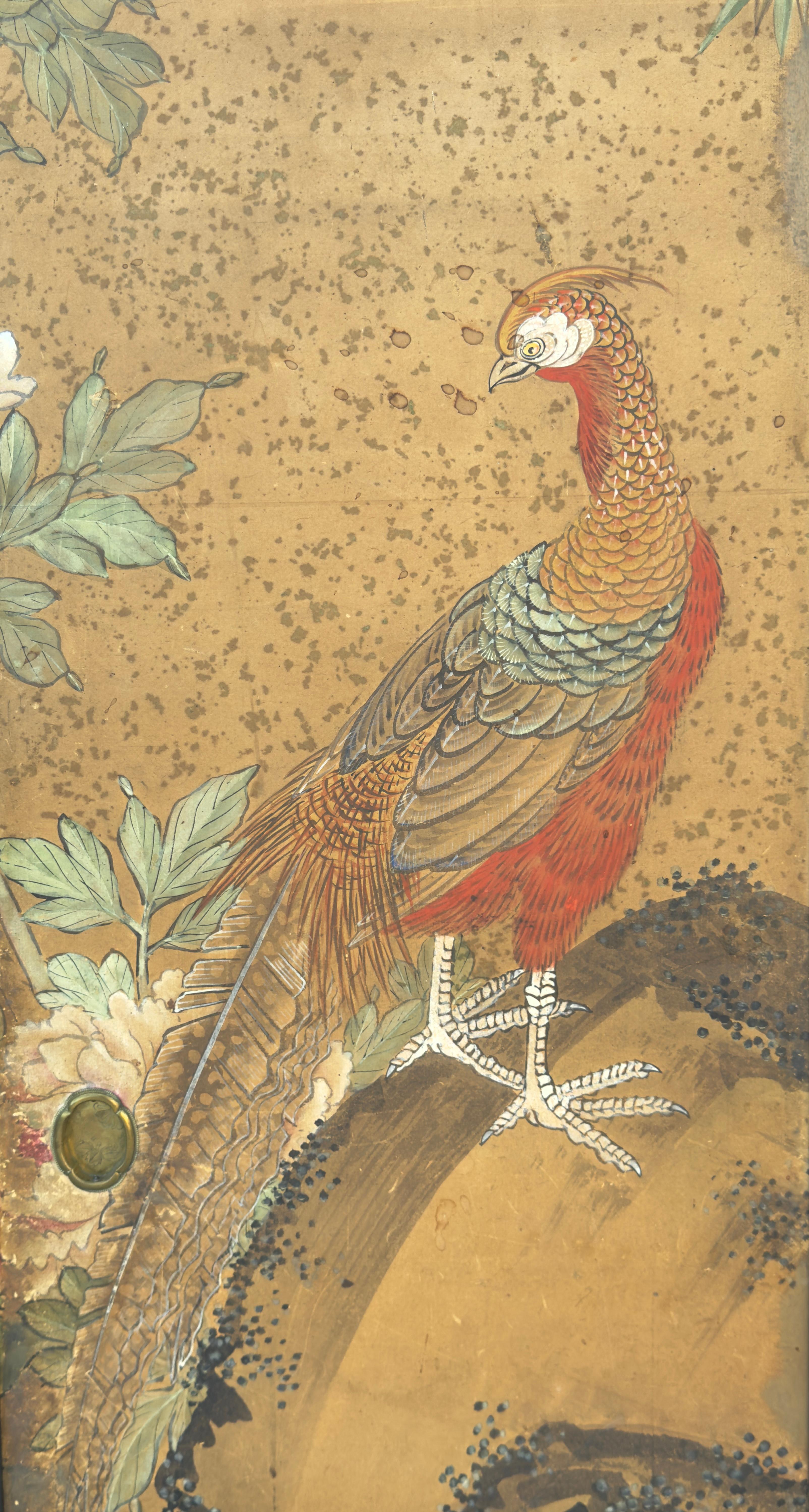 19th century Japanese watercolor on paper Fusuma door panels, from the Kona School of Painting. Panels depict Asian landscape with birds, bamboo, flowers and fauna on a rich gold background with a black frame. Panels measure 65” x 17 each.