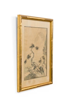 Aquarelle japonaise d'un arbre et d'un temple en arrière-plan