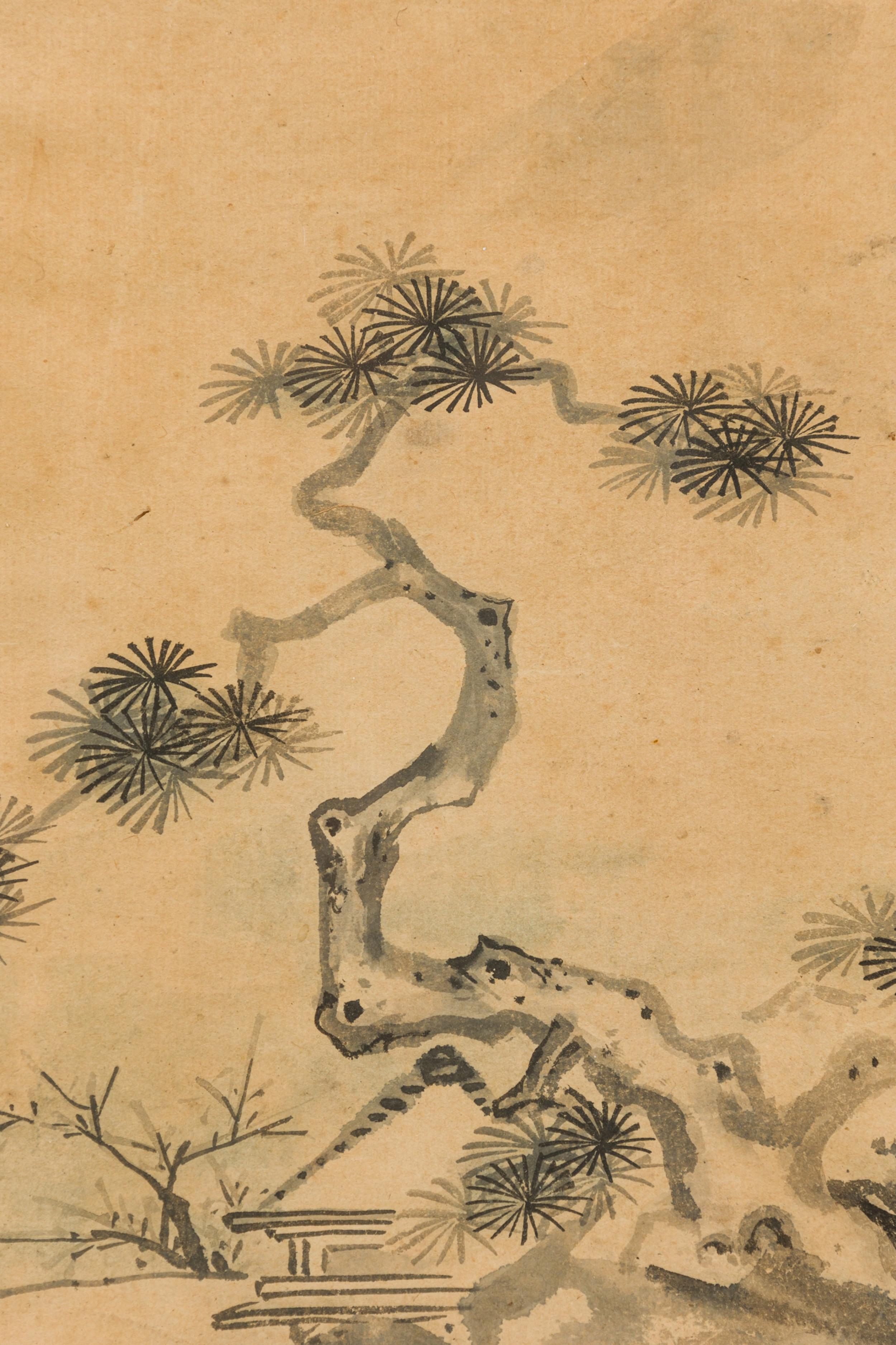 Japanisches Aquarell eines Baumes und eines Tempels im Hintergrund (Vergoldet) im Angebot