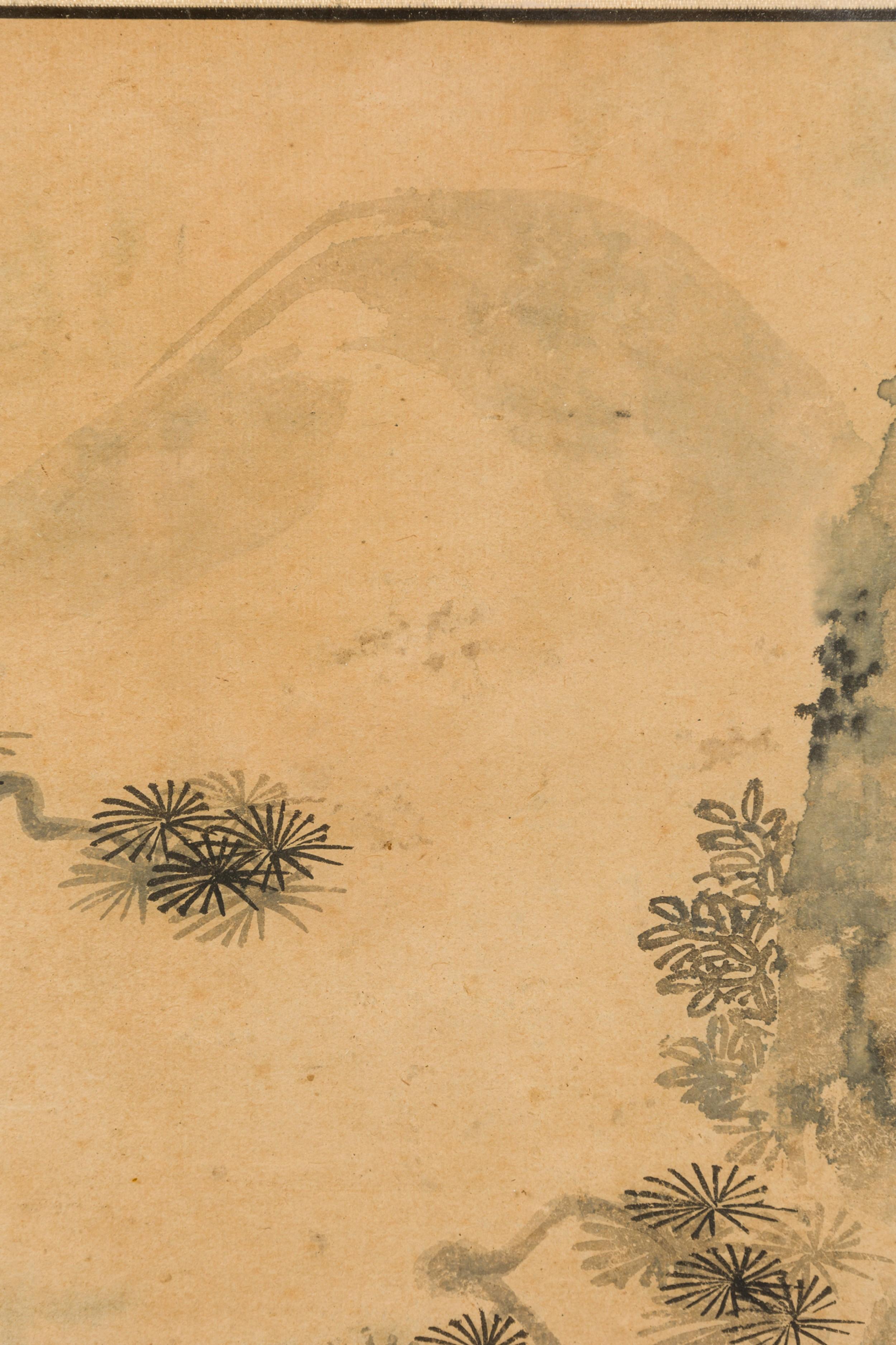 Japanisches Aquarell eines Baumes und eines Tempels im Hintergrund im Zustand „Gut“ im Angebot in Queens, NY