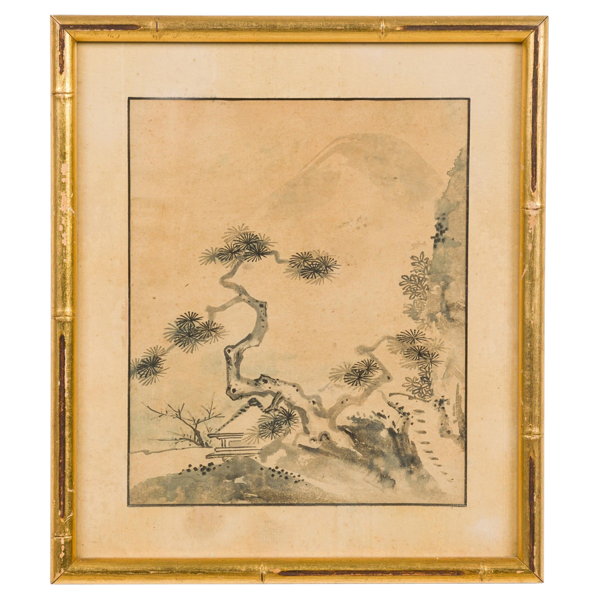 Japanese watercolor Of a Tree and A Temple In The Background