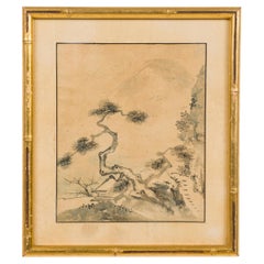 Japanese watercolor Of a Tree and A Temple In The Background