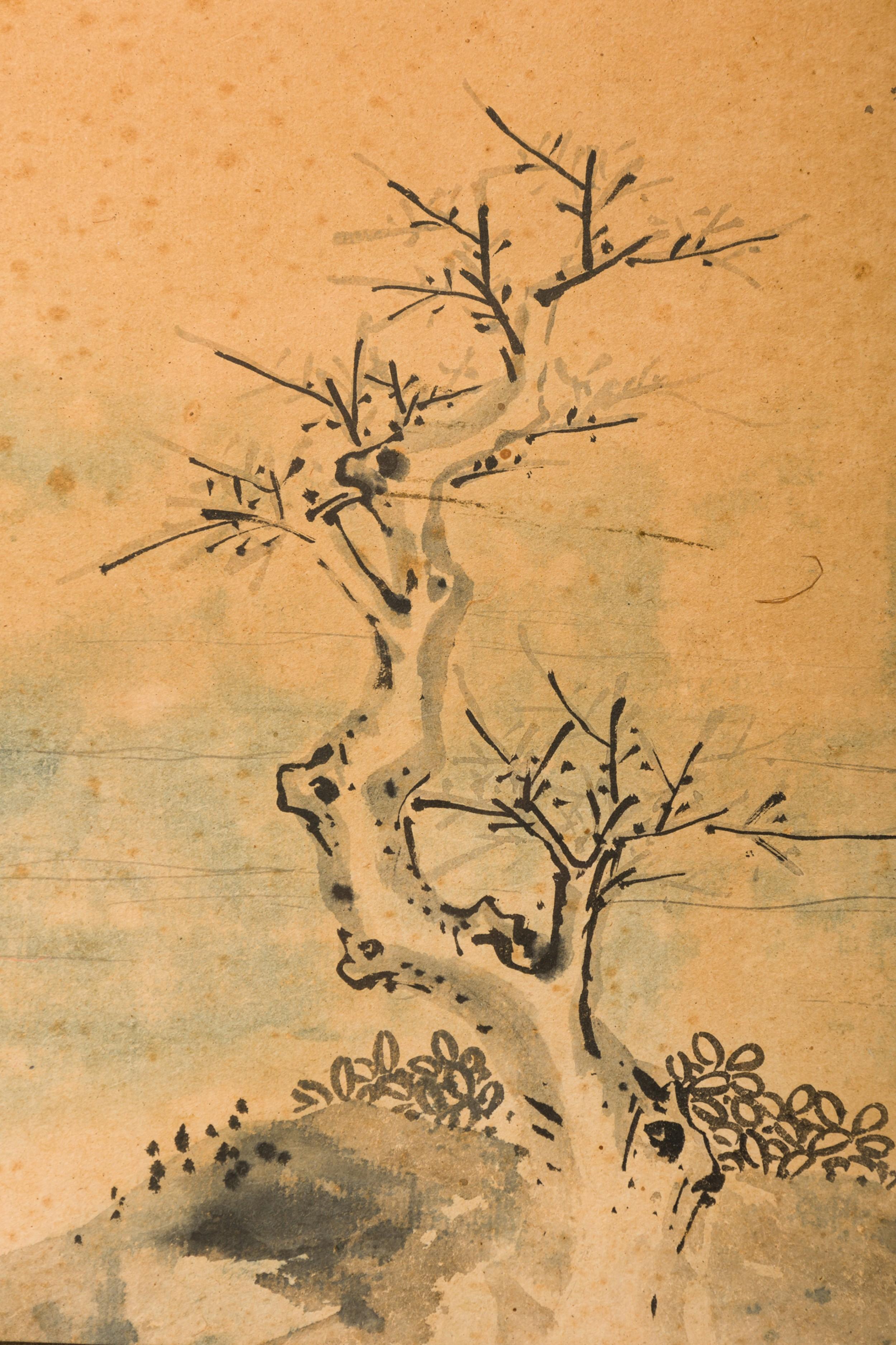 Acuarela japonesa de Un árbol en una colina sin hojas Anglojaponés en venta