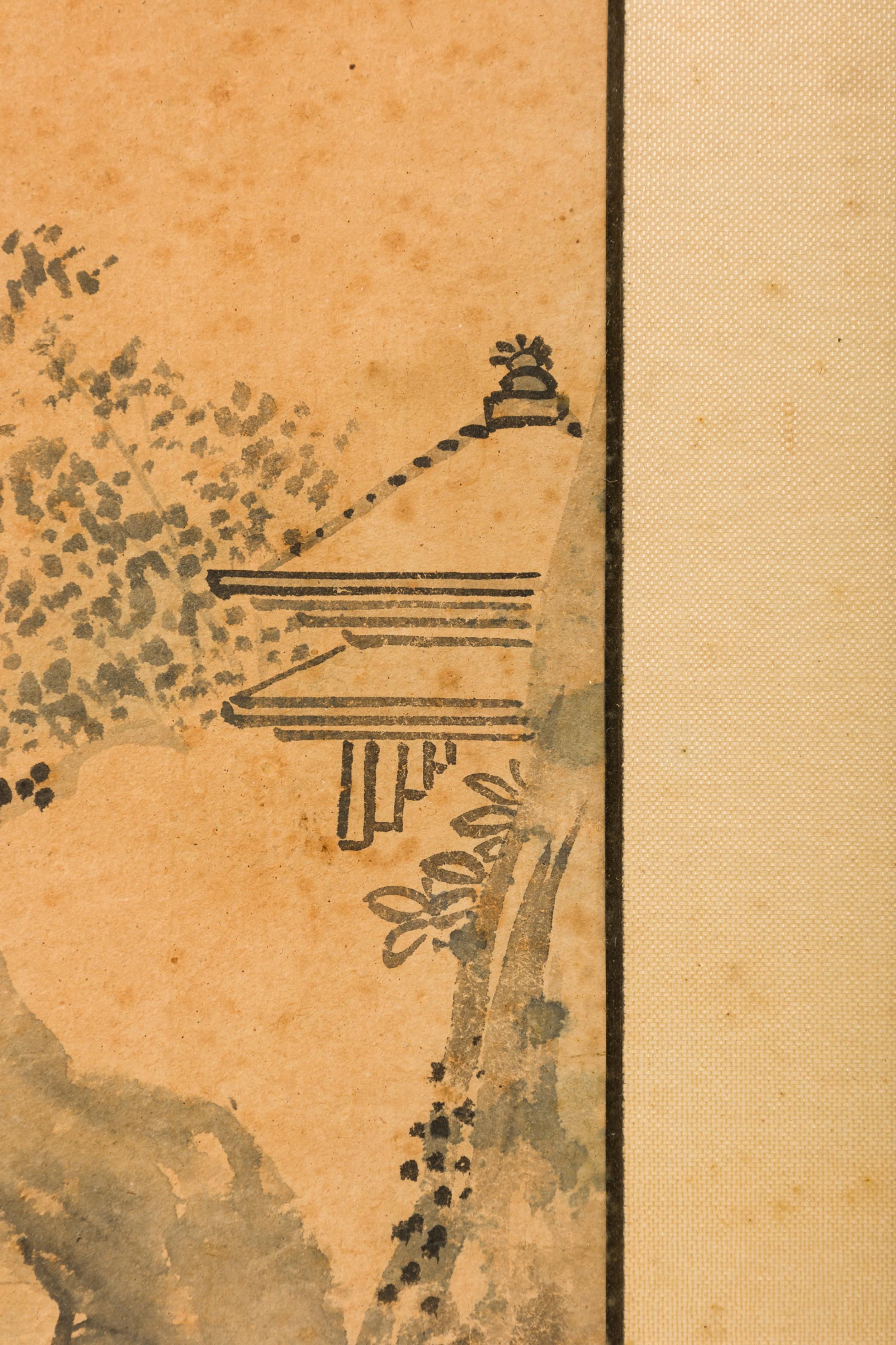 Acuarela japonesa de Un árbol en una colina sin hojas en Bueno estado para la venta en Queens, NY