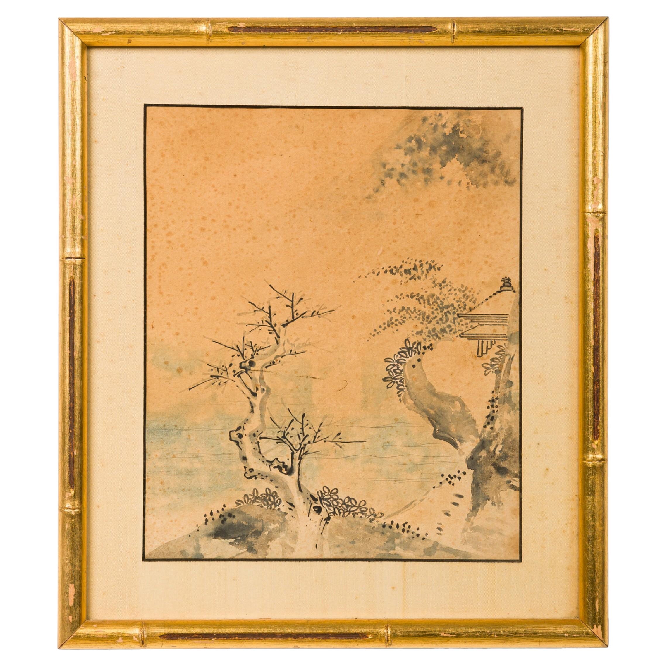 Japanese watercolor of A Tree On a Hill With No Leaves