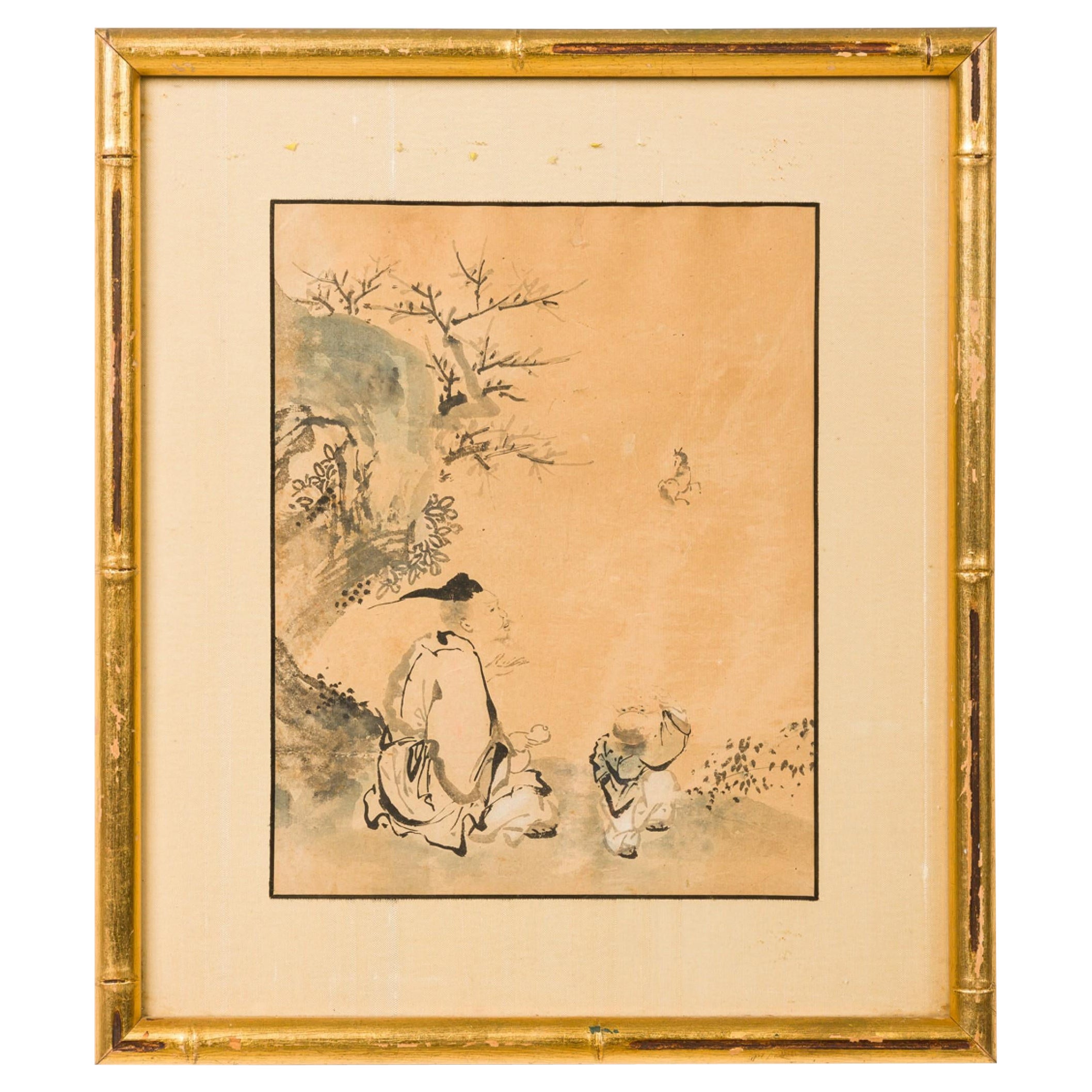 Japanisches Aquarell eines auf einer Klippe sitzenden Mannes im Angebot