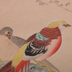 Japanese Watercolor Painting "Gold Pheasants" by Hobum, Chop Mark Signed