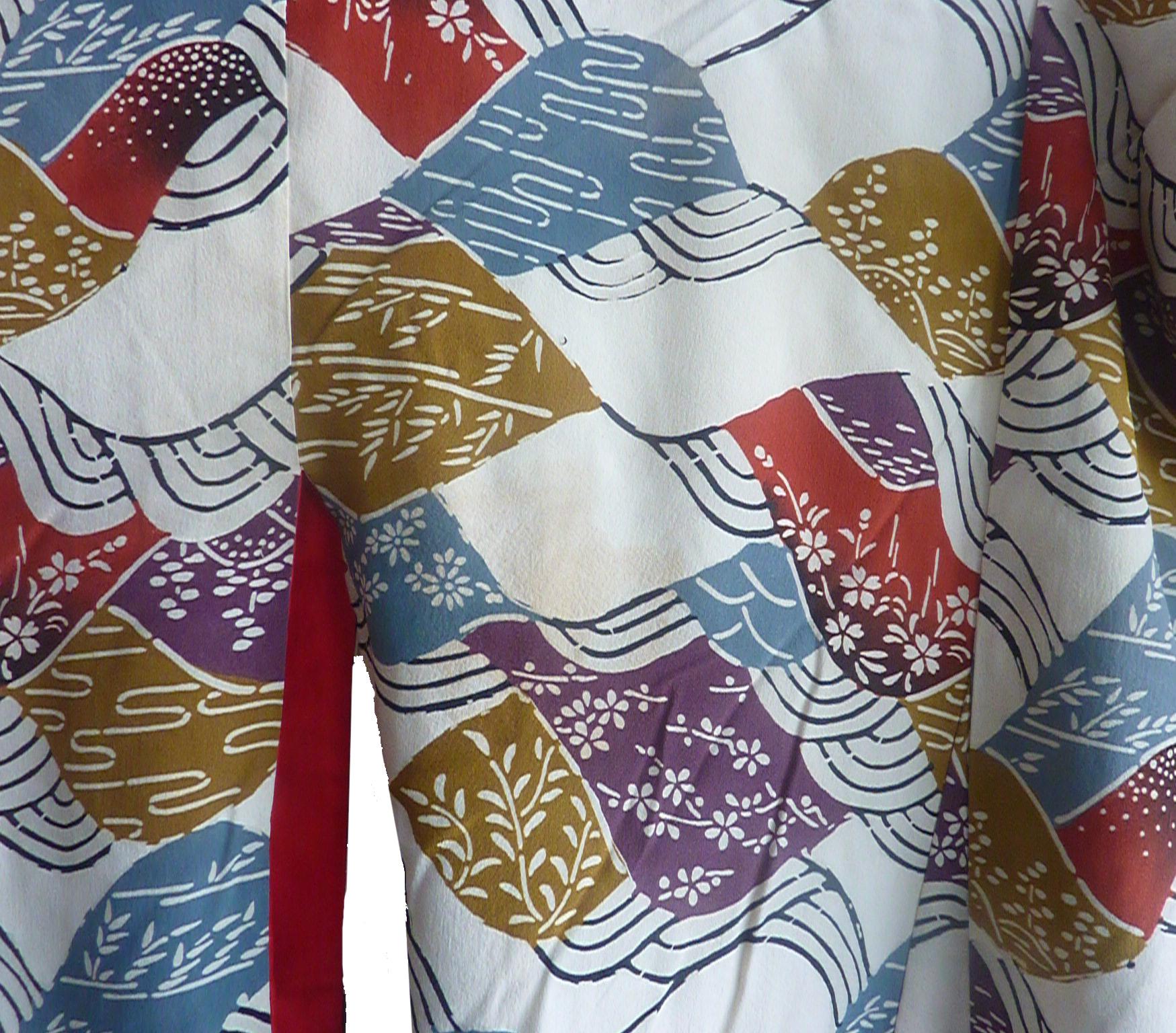 Japanischer Vintage-Kimono mit japanischem Wave-Druck aus Seide und Pelz (Grau) im Angebot