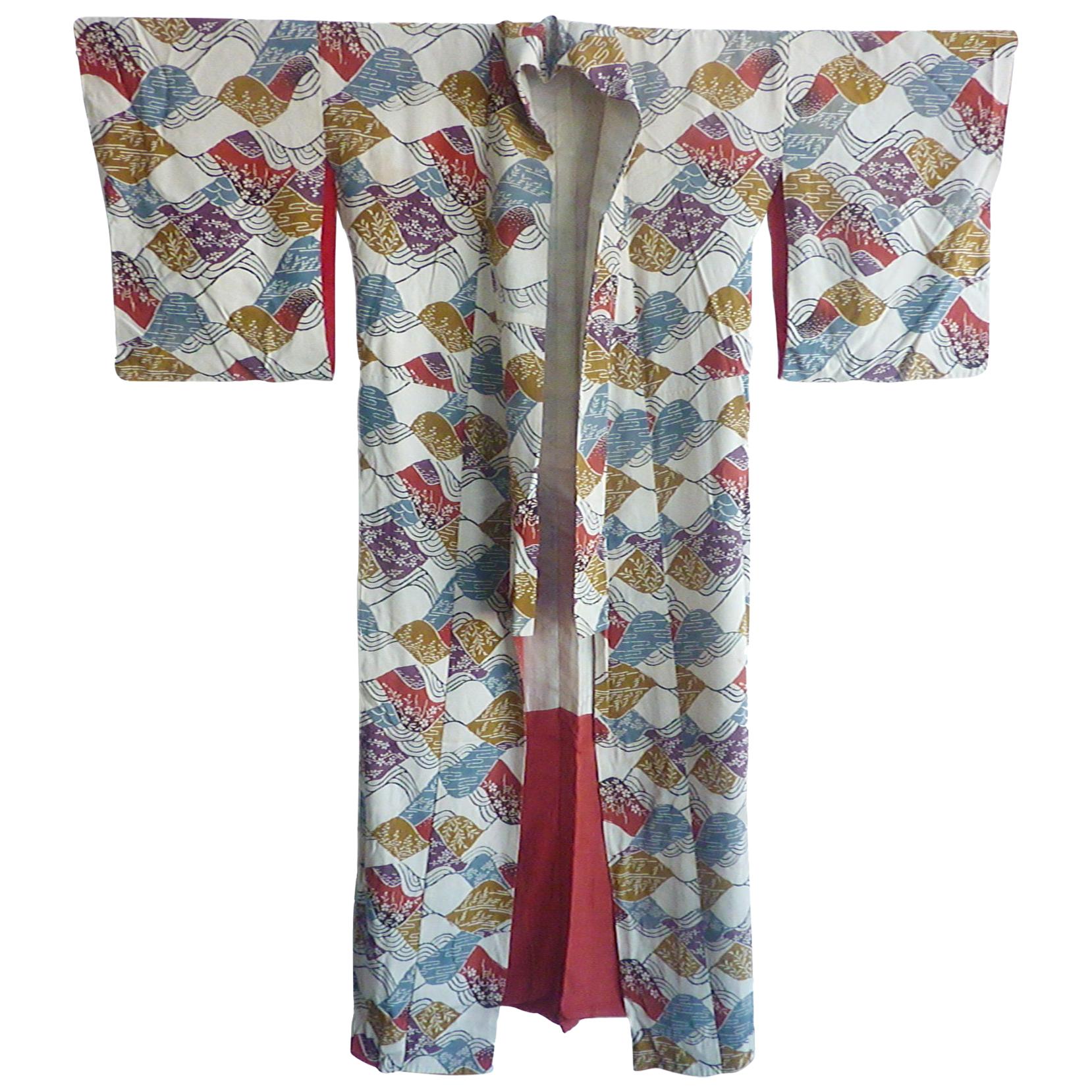 Kimono en soie vintage Furisode à imprimé vague japonais